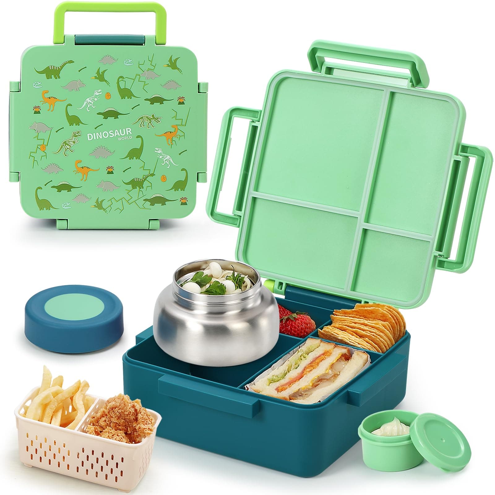 Norxely Bento Box for Kids with Thermos Leak Proof, [Ultra Durable] Insulated Kids Lunch Box with 4 Compartment for Ages 3+, Drop-Proof & Dishwasher Safe Lunchbox Container Green