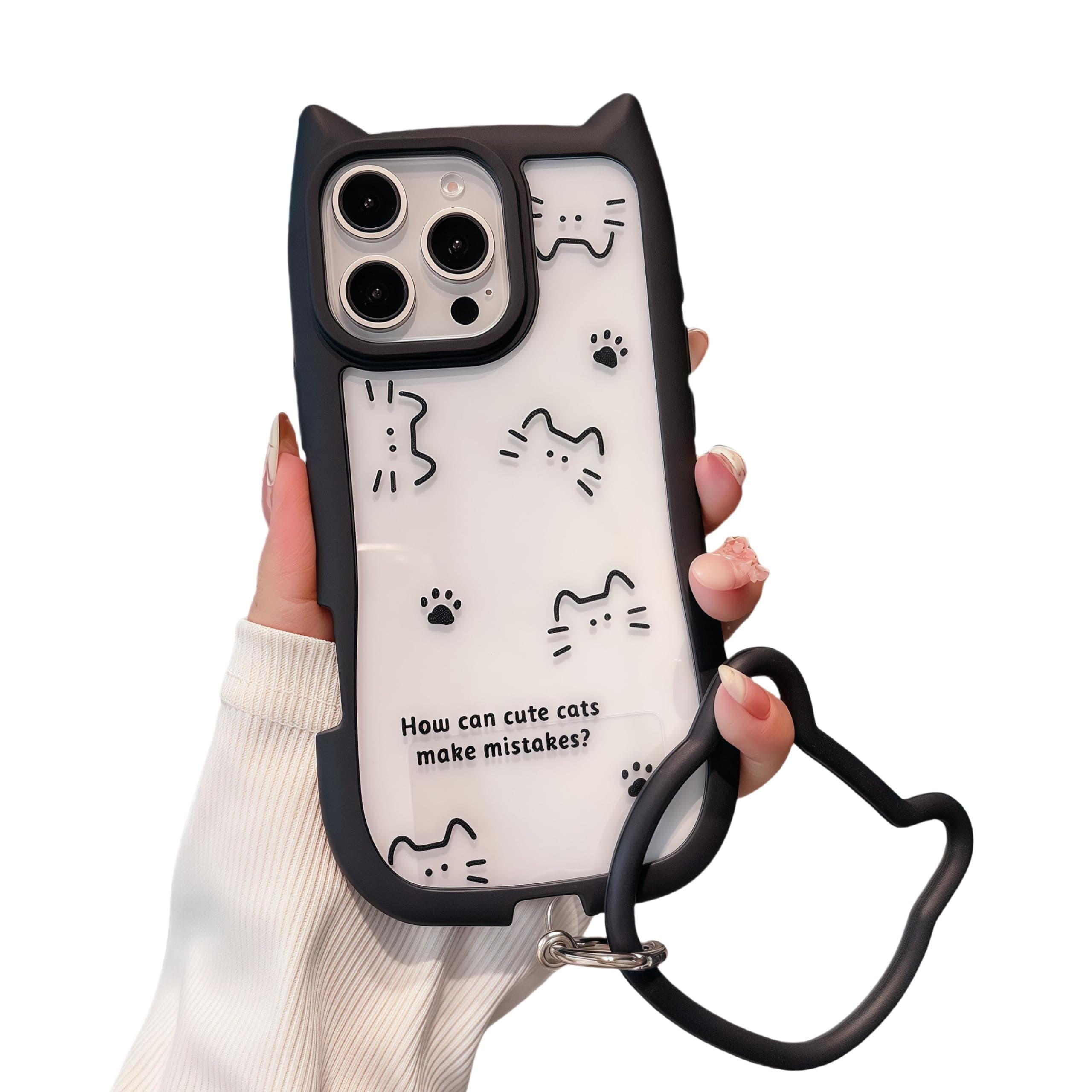 FXFOOT for iPhone 15 Case, [Black Cute Cat Ears] [2-in-1 with Kitty Bracelet] Stylish Print, Soft TPU Shockproof, Gift for Women and Girls