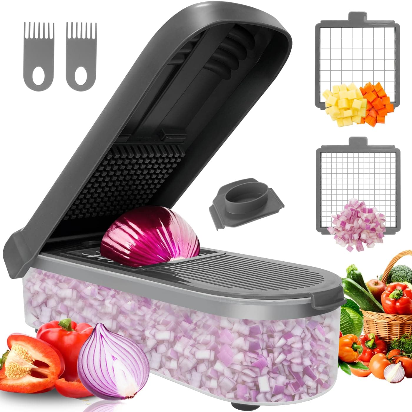 LHS Vegetable Chopper Slicer 2 in 1 Veggie Chopper Dicer Cutter Multifunctional Food Chopper Onion Chopper Potato Cutter Vegetable Chopper with Container -Grey