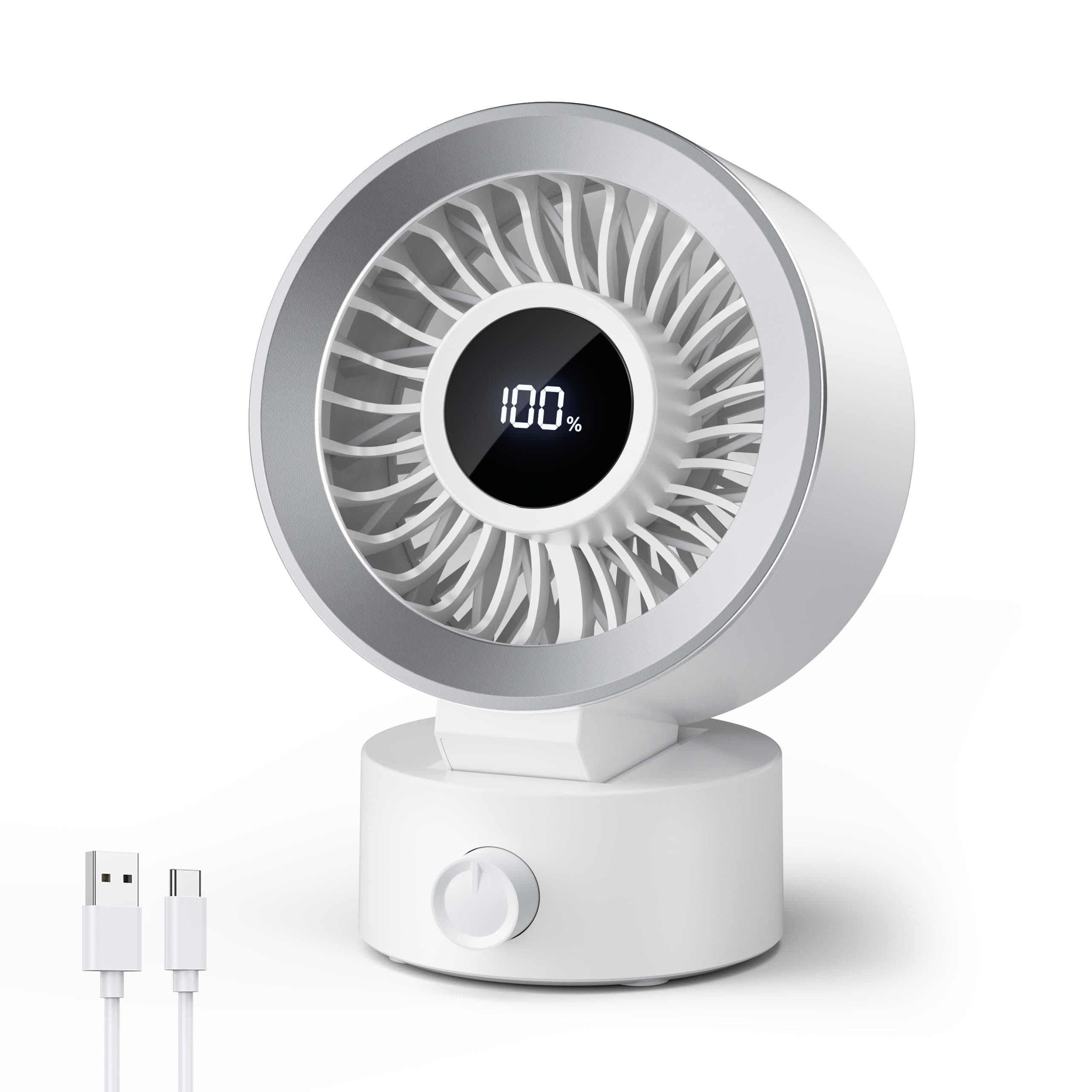 CIVPOWER Desk Fan Small Quiet: Table Fan Rechargeable & USB Powered, Portable for Office Desktop, Digital Display, 30° Tilt Adjustable, 100 Speeds, Gift for Women Men (White, 1200mAh)
