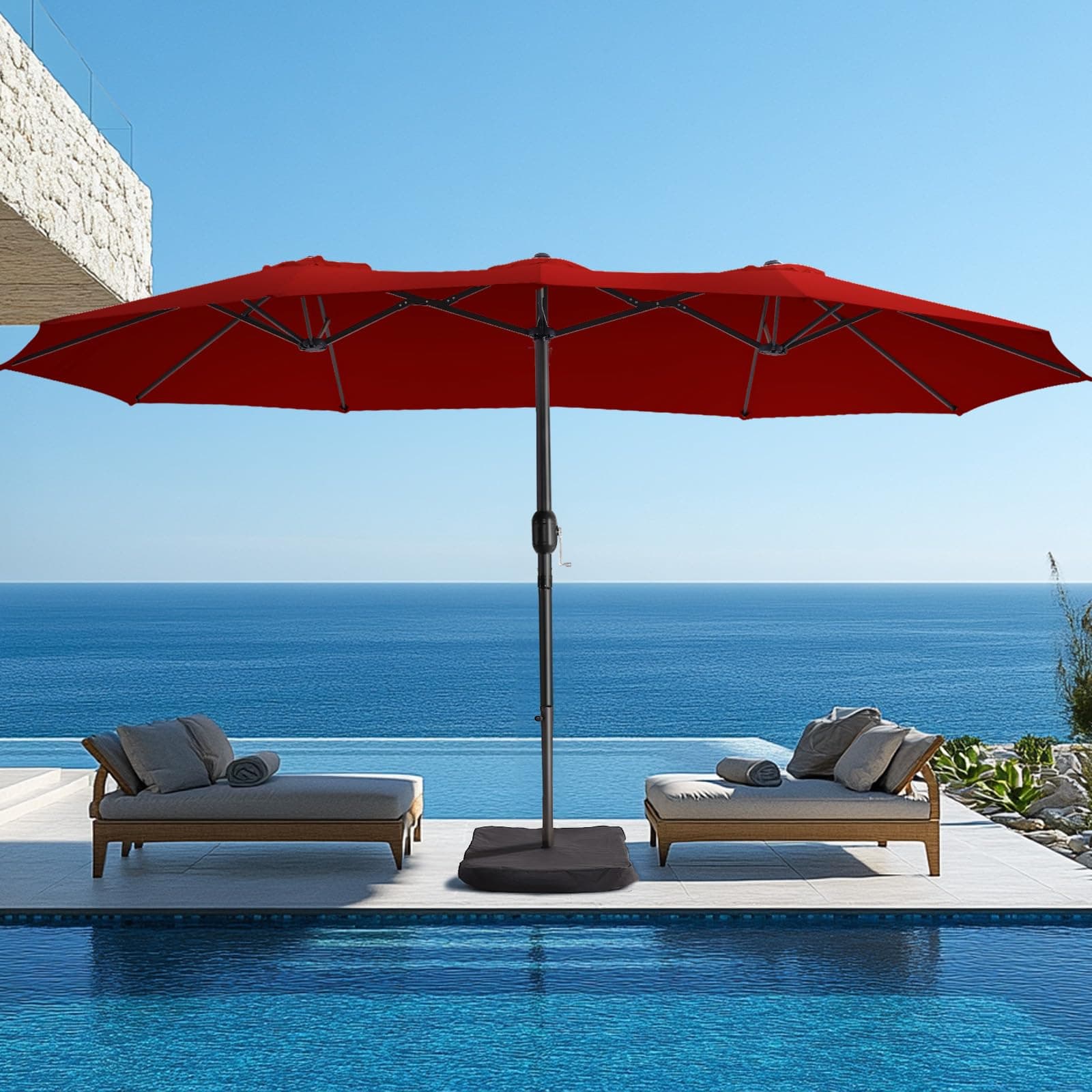 wikiwiki 15ft Large Patio Umbrellas with Base Included, Outdoor Double-Sided Umbrella with Crank Handle, Powerful UV Protective, for Pool Lawn Garden, Burgundy Red