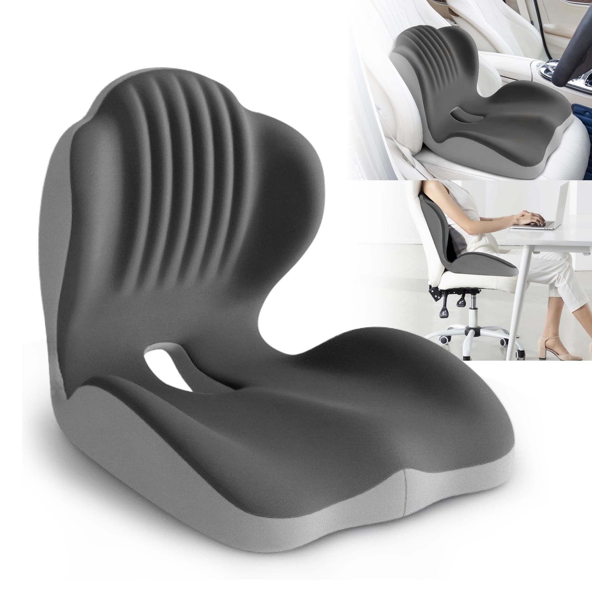 Ergonomic Waist Support and Seat Cushion, L-Shaped Memory Foam Pad (Grey)