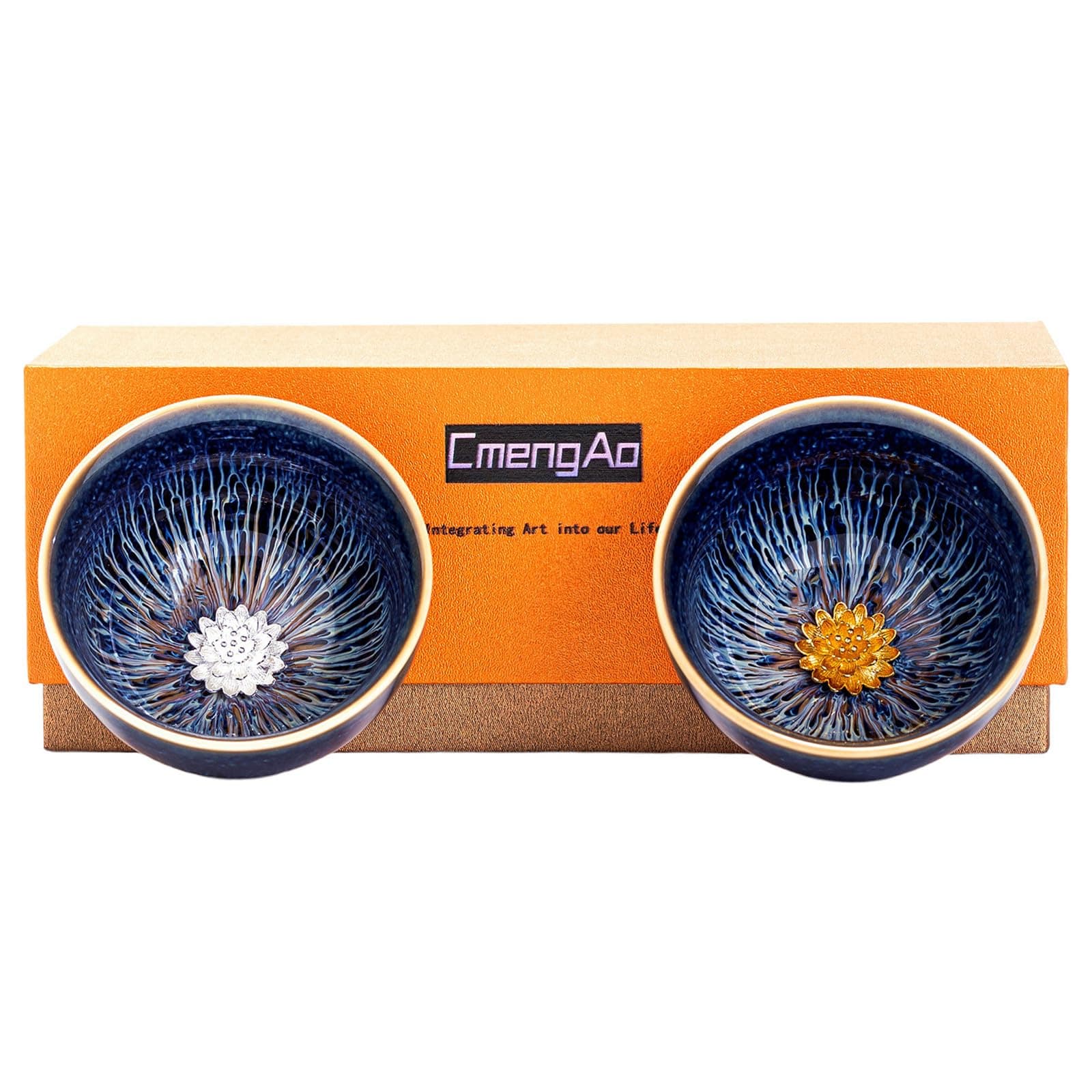 CmengAo Blue Tenmoku Tea Cup with Lotus, 4.7 oz Chinese Teacups, Set of 2