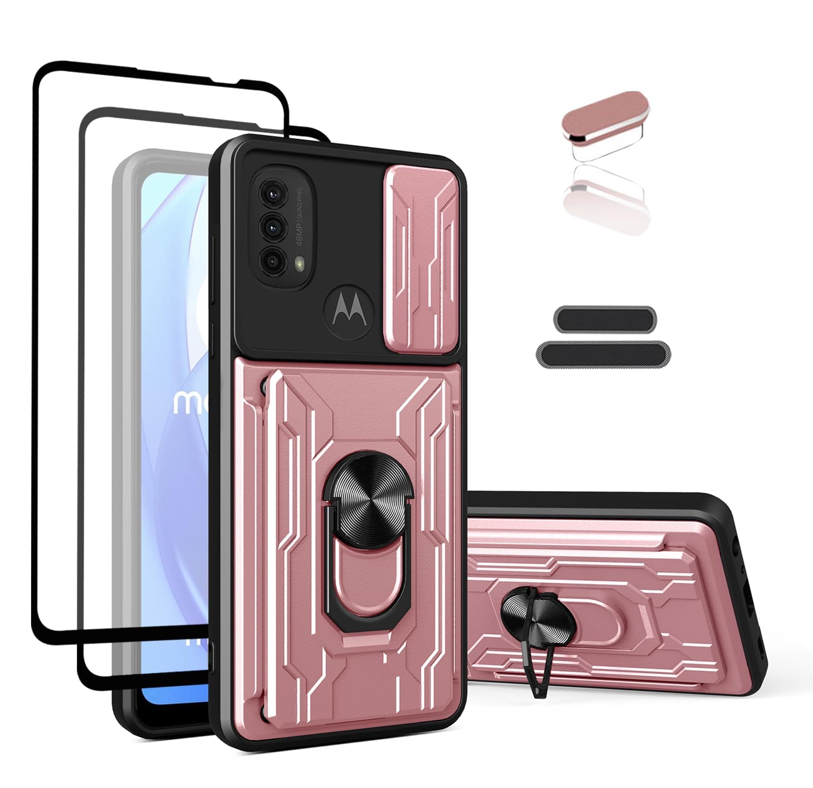 LMDAMZ Wallet Case for Motorola Moto G31, Credit Card Slot Sliding Door Hide Portable Design, Heavy Duty Double Layer Hybrid Cushioned Rubber Bumper Protection Suitable for 6.4 Inche Women-Rose Gold