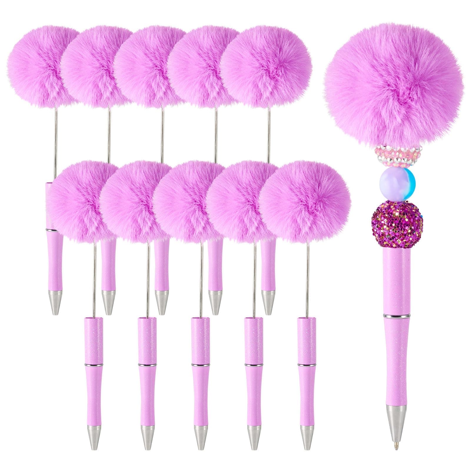 Spritewelry 10 Pcs Fluffy Beadable Pens, Purple Plush Ball Beaded Pens,Fancy Fuzzy Pom Pom Ball Pen with Black Ink for DIY Cool Pen Office School Graduation Gift Supplies for Adult Jewelry Making