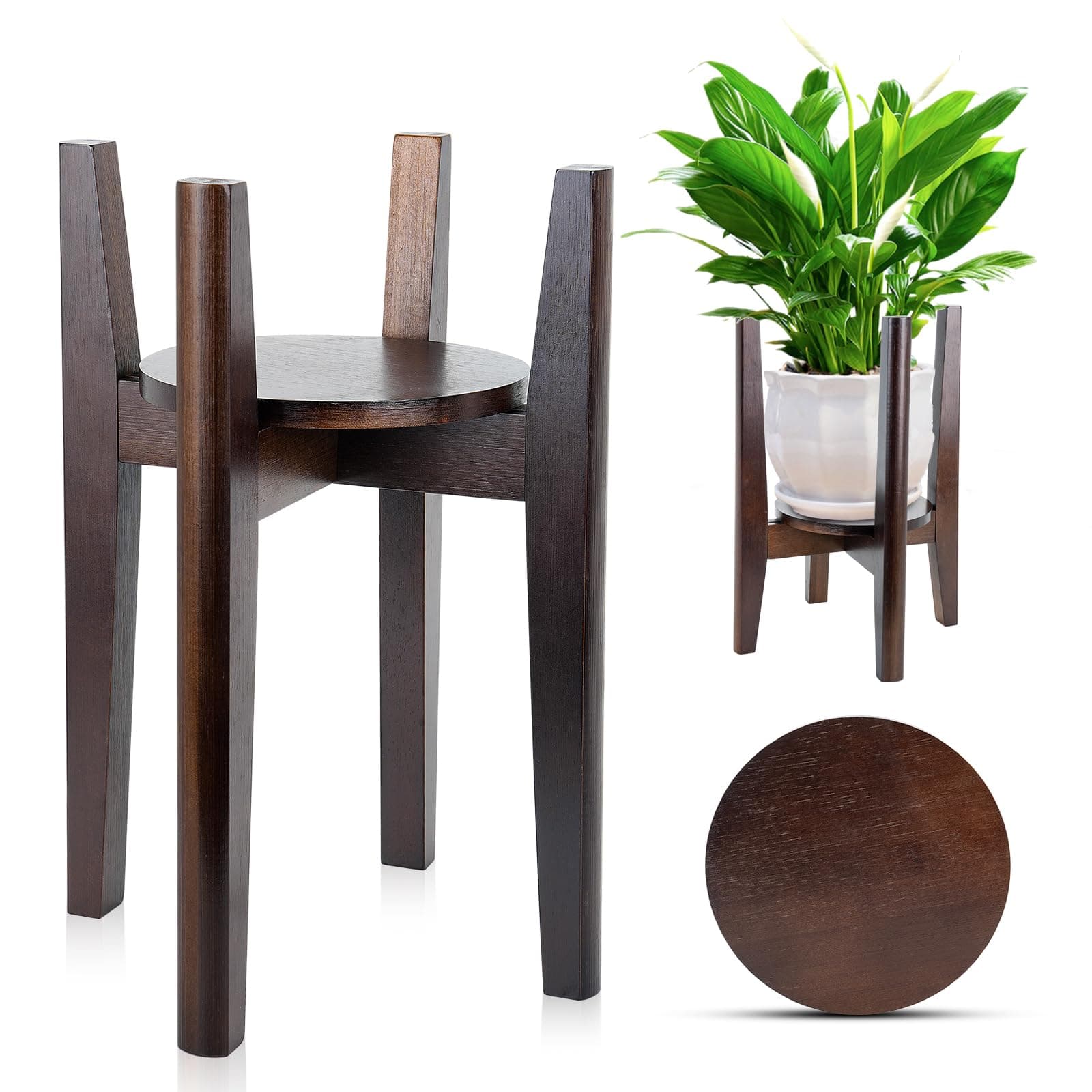 Adjustable Plant Stand with Tray,Indoor Wood Plant Stand Fit 8'' to 12'' Planter,Mid Century Modern Flower Pot Holder Rack(Plant and Pot Not Included),Walnut