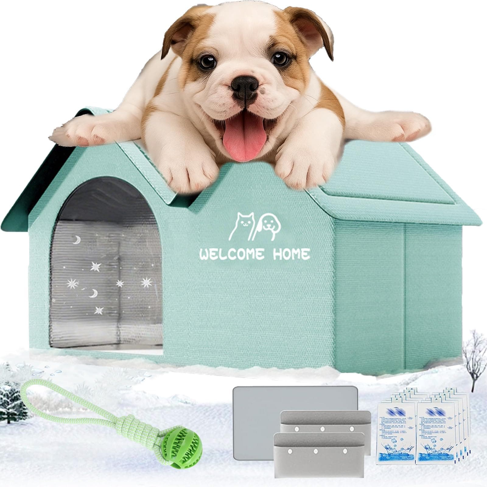 2025 Upgrades Air Conditioned Dog House, Foldable Dog House with Ac Unit, Weatherproof Pet AC House with Removable Pad & 10 Ice Packs, Easy to Clean & Portable, for Small Medium Large Dogs (Green, M)