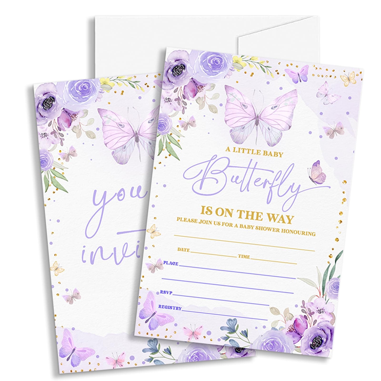 TIOFUNO 25 Purple Butterfly Baby Shower Invitations (4x6 inches), Floral Butterfly Baby Shower Double-Sided Invites, Baby Shower Party Decorations Supplies (YQKB02)