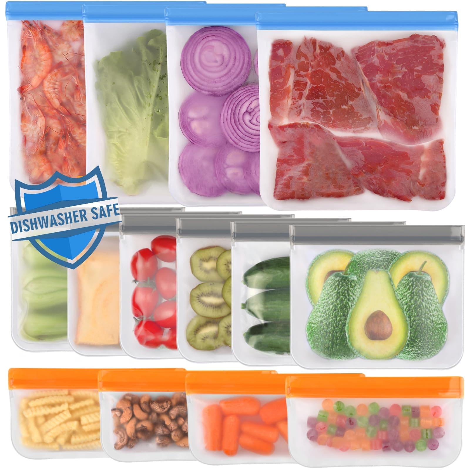 Lerine 14 Pack Dishwasher Safe Reusable Bags, Silicone, Leakproof, Airtight, BPA Free, PEVA, Zipper Closure, Multicolor, Rectangular, 1 Gallon, 6 Sandwich, 4 Snack, Food Storage Bags