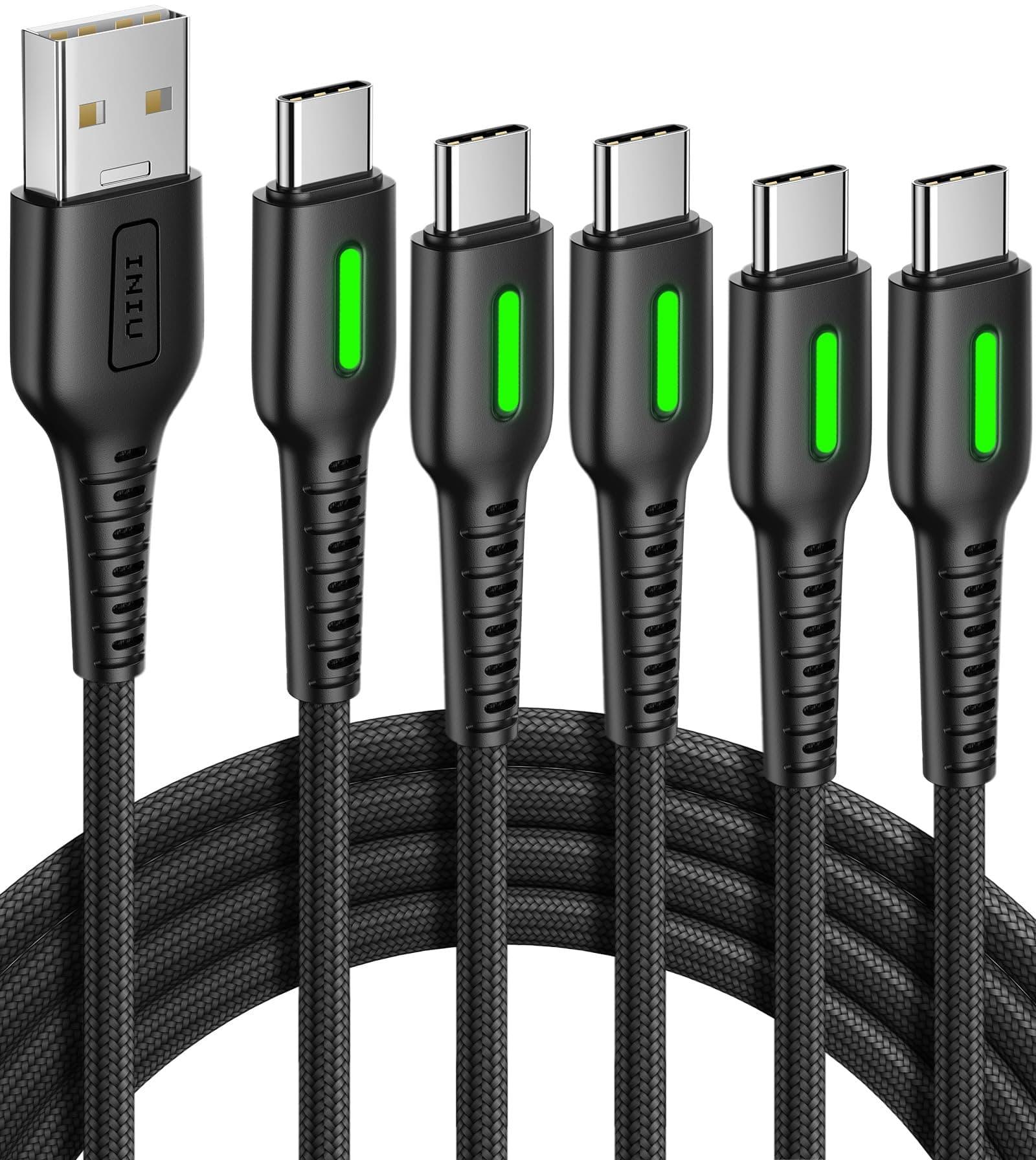 INIU USB to USB C Cable, [5 Pack] 3.1A QC3.0 Type C Cable Fast Charge, [1.6+3.3+3.3+6.6+6.6ft] Braided USBA to C Cable, USBC Charging Cord for iPhone 17 16 15 Pro Max, Samsung S25 24 23, Pixel 10 etc