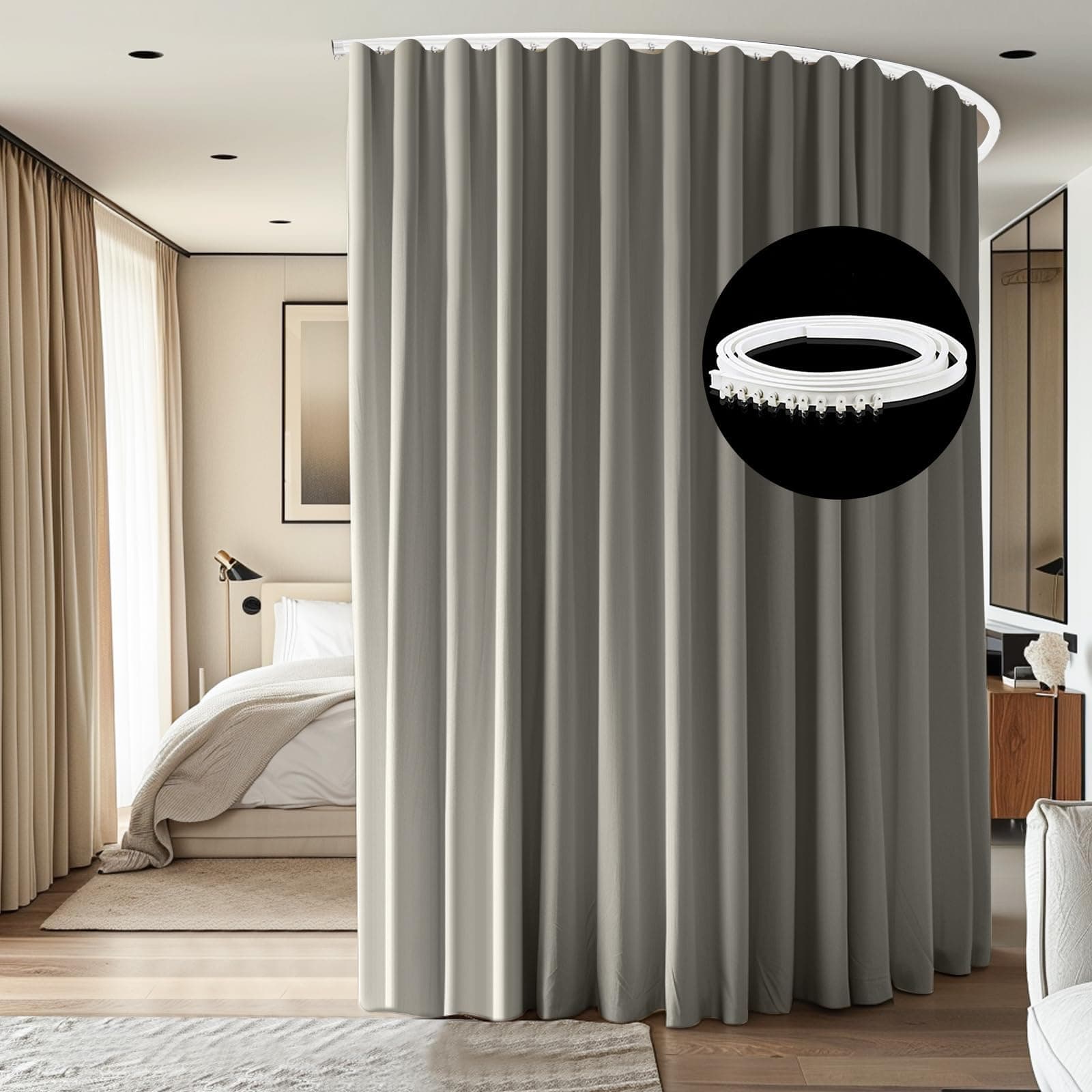 cbsroro Room Divider Ceiling Mounted Curtains Track Sets Extra Wide Blackout Curtain Flexible Tracks for Bedroom Privacy Partition Separator, 1 Panel Light Grey Drape and White Rail, W10 x H10ft