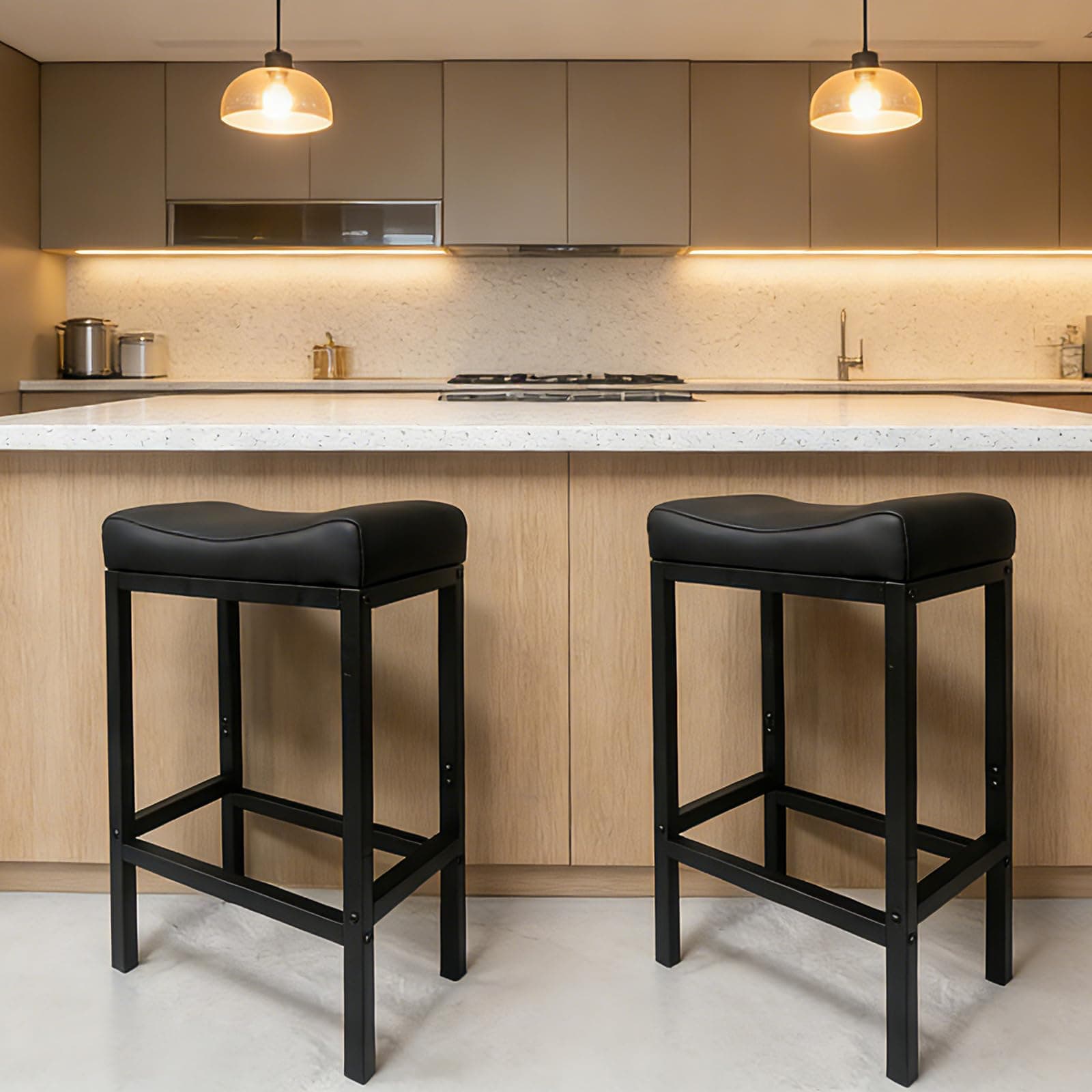 ZYFFHYLAI Bar Stools Set of 2-24 Inch Backless Counter Height Bar Stools with Soft Leather Seat, 400 LB Heavy Duty Padded Saddle Barstool Chair for Modern Kitchen Island Counter (Black)