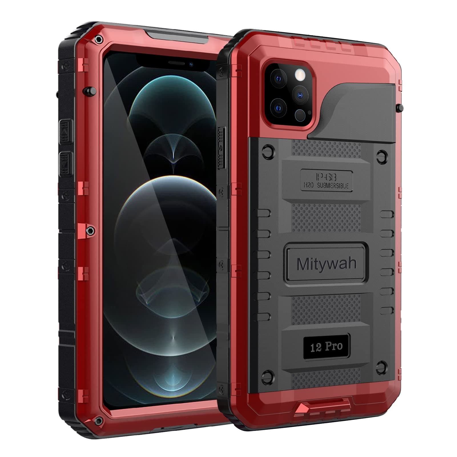 Mitywah Waterproof Case for iPhone 12 Pro, Heavy Duty Military Grade Armor Metal Case, Full Body Protective Shockproof Dustproof Strong Rugged Thick Phone Case for iPhone 12 Pro 6.1 Inches, Red
