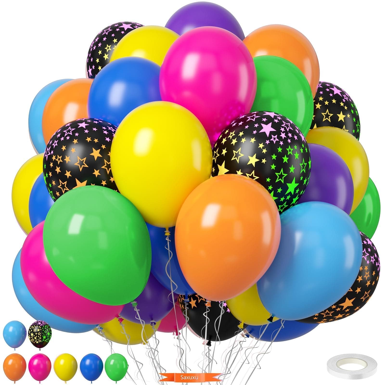 Neon Balloons, 12 Inch Yellow Orange Hot Pink Dark Blue Purple Lime Green Neon Star-Shaped Rainbow Balloons for Boy Girl Birthday Party Decorations Baby Shower Summer Pool Tropical Backdrop