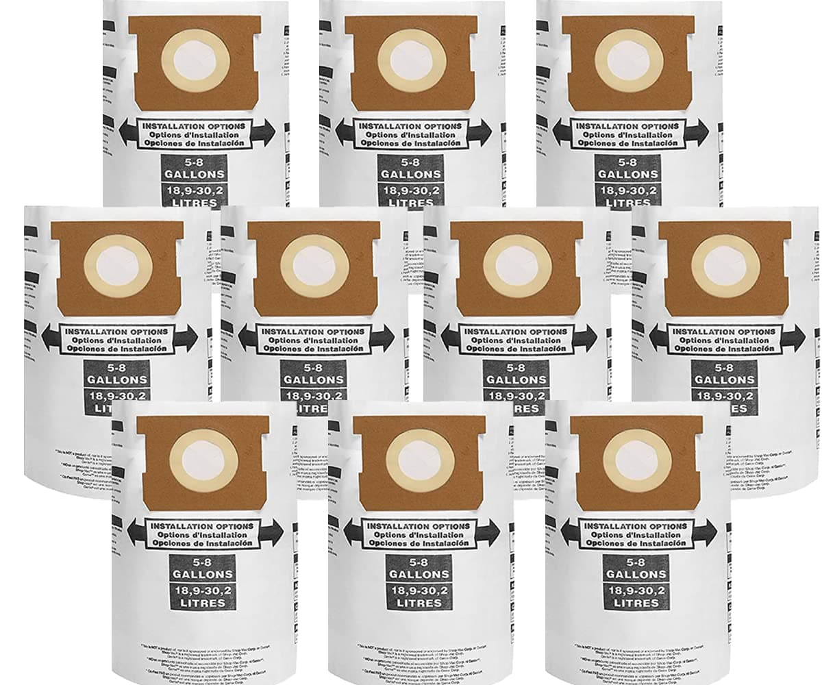 Vacuum bags for Shop vac 5-8 Gallon: Type E 90661 9066100 9066133, Type H 90671 9067133 VF2004 disposable collection wet dry filter bags - 10pack