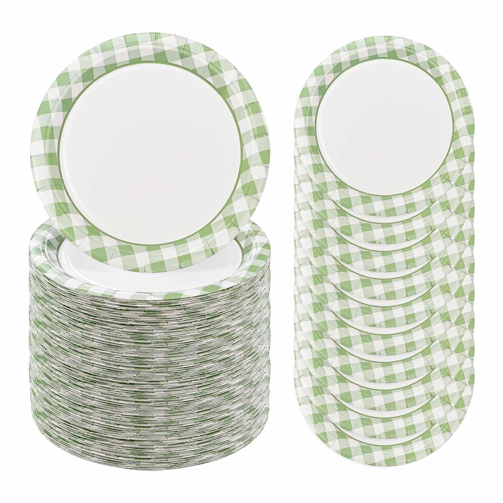 FALIZIFU 50 Pcs Sage Green Gingham Paper Plates 7 Inch Disposable Sage Green and White Buffalo Plaid Dinner Plates for Wedding Baby Shower Birthday Party Checkered Dessert Plate
