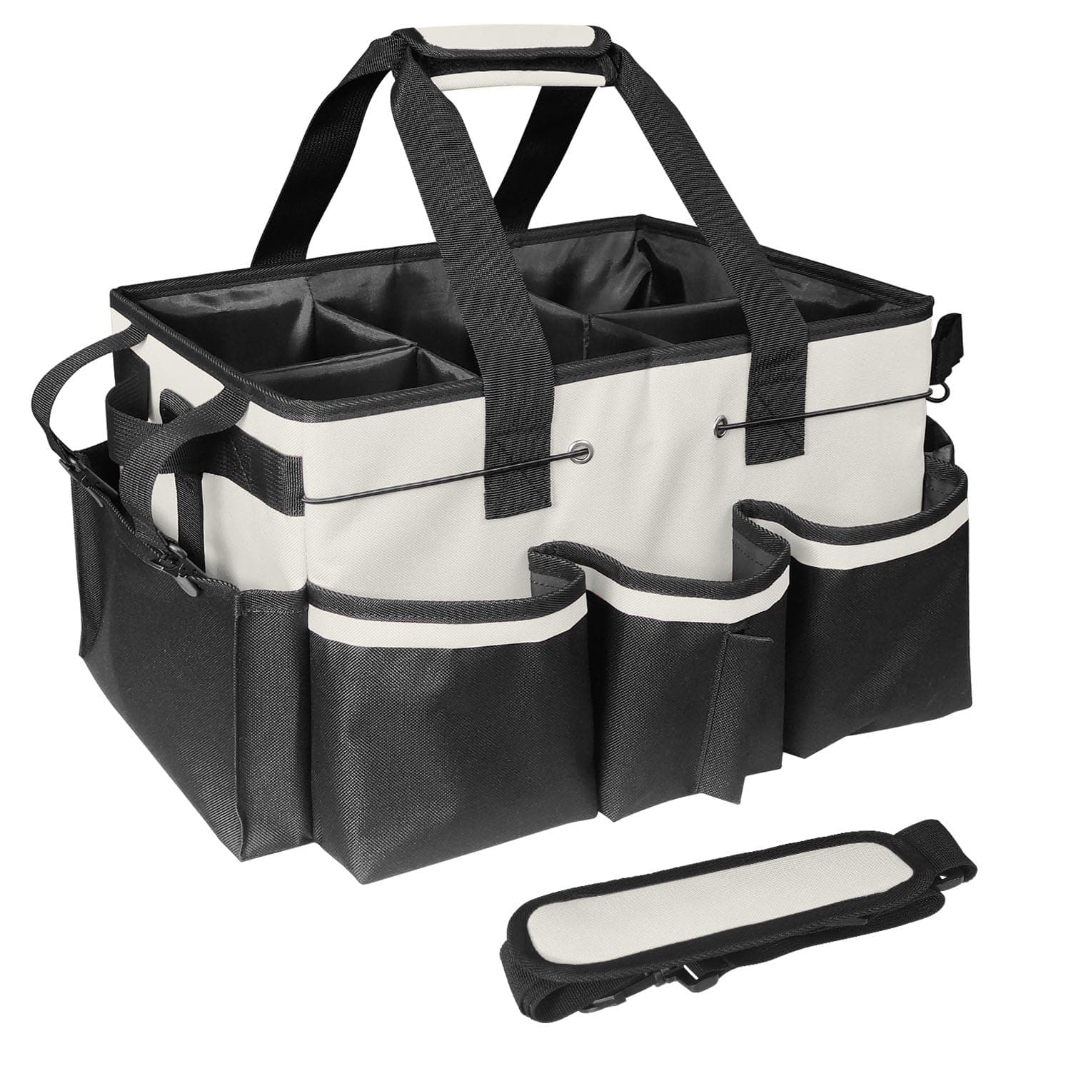 BOHEMIABY Cleaning Bags for Housekeepers, Large Cleaning Supplies Organizer with Handles & Shoulder Strap, Cleaning Caddy Bag with Foldable Divider for Cleaners, Car Horse Bag(White)