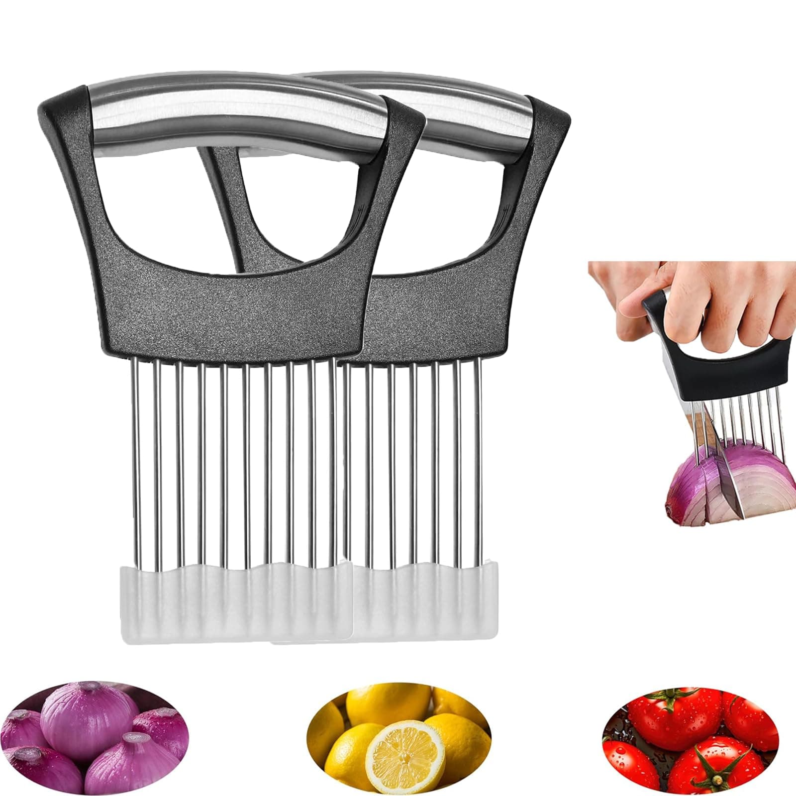 DJKKiTTQ Onion slicer, lemon slicer, stainless steel onion cutter for slicing potatoes, onions, tomatoes, eggs, fruits, vegetables and meat, with protective cover (2)