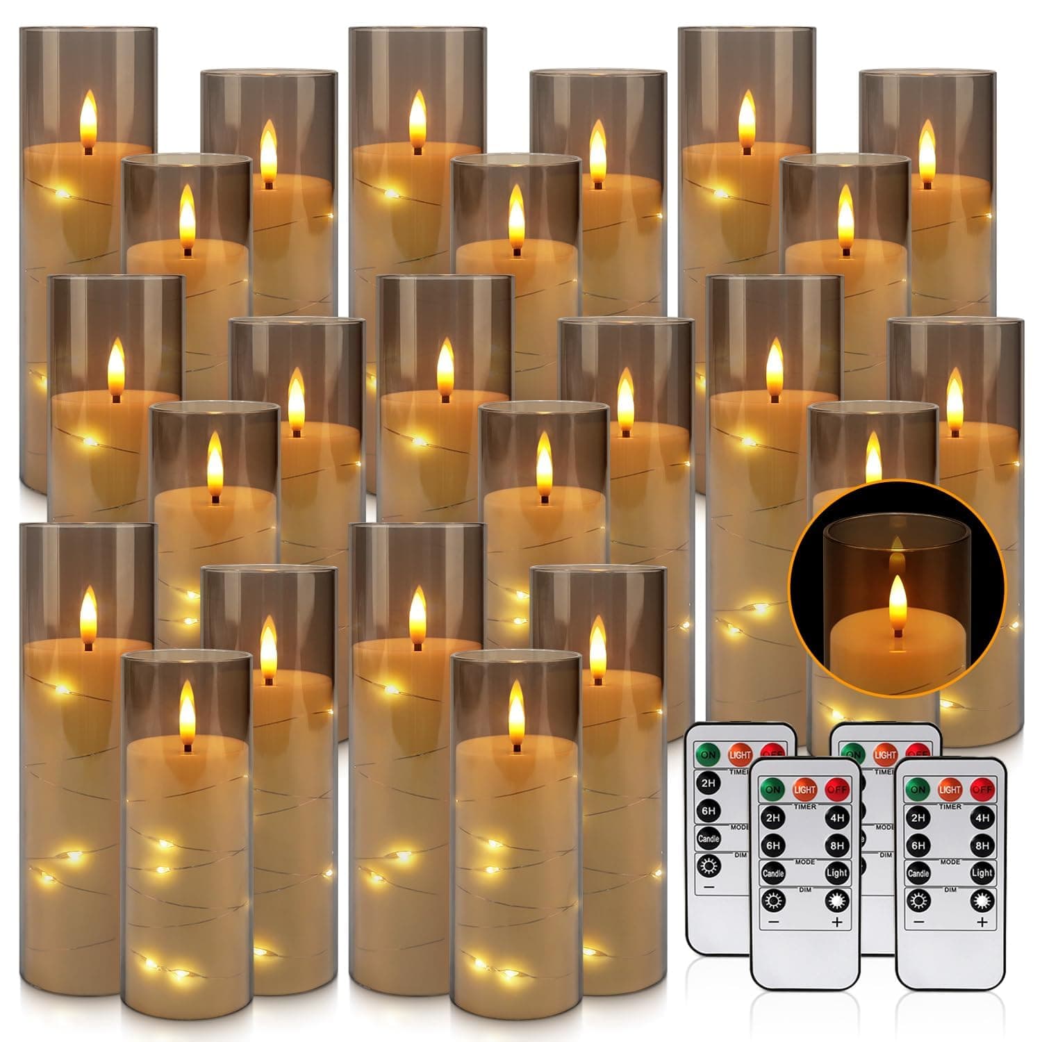Pack of 24 Flickering Flameless Candles with Remote and 2/4/6/8 H Timer Led Embedded Light String Grey Candles(D2.17 x H 5" 6" 7") Moving Wick Candles for Christmas & &Wedding & Home Decor...