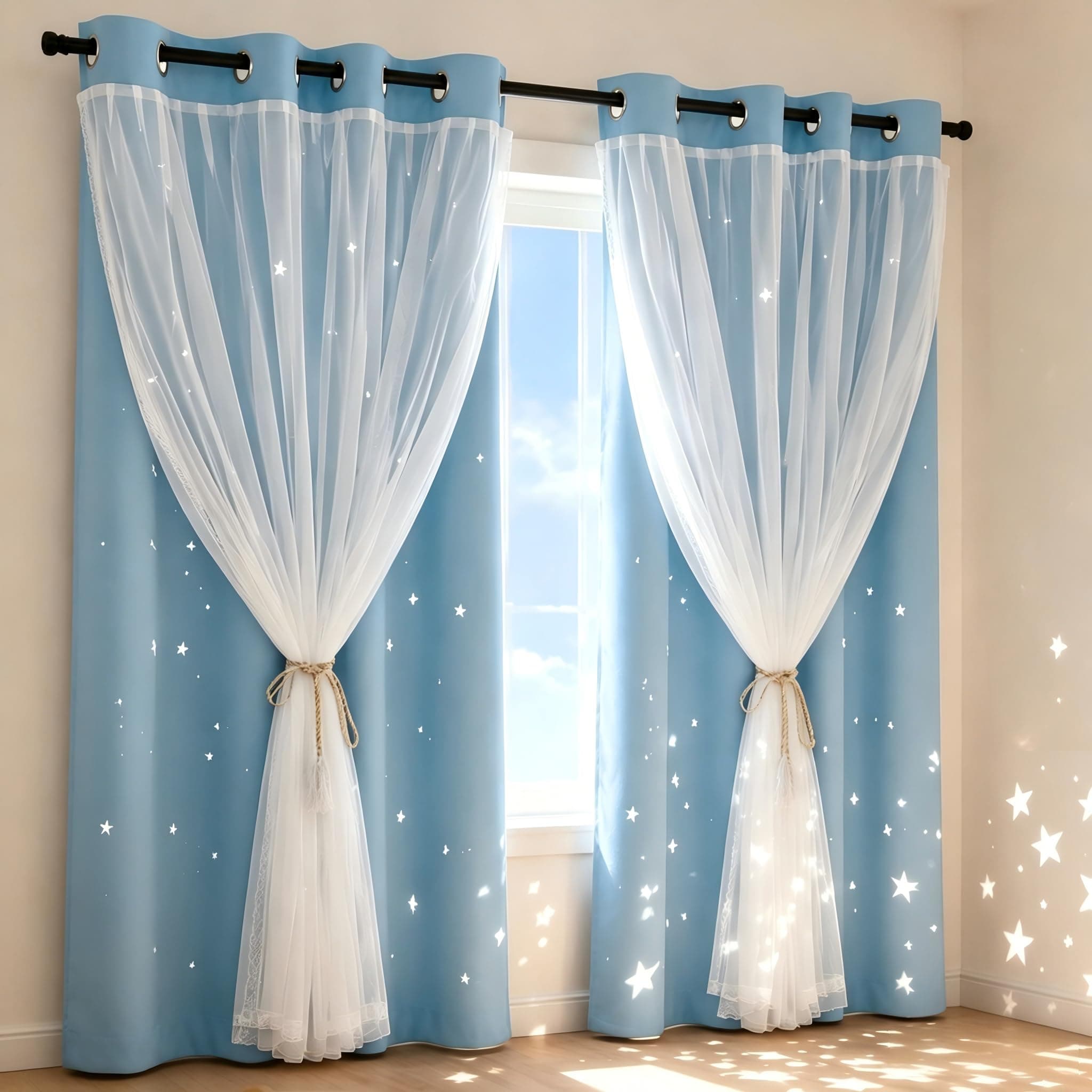 Kinryb Kids Blackout Curtains for Bedroom/Living Room/Classroom, Sheer Overlay 2 Free Tiebacks, Double Layer Curtains with Star Cutout for Kids Room(Each Piece W 70 x L 84 Inches 2 PCs Sky Blue)