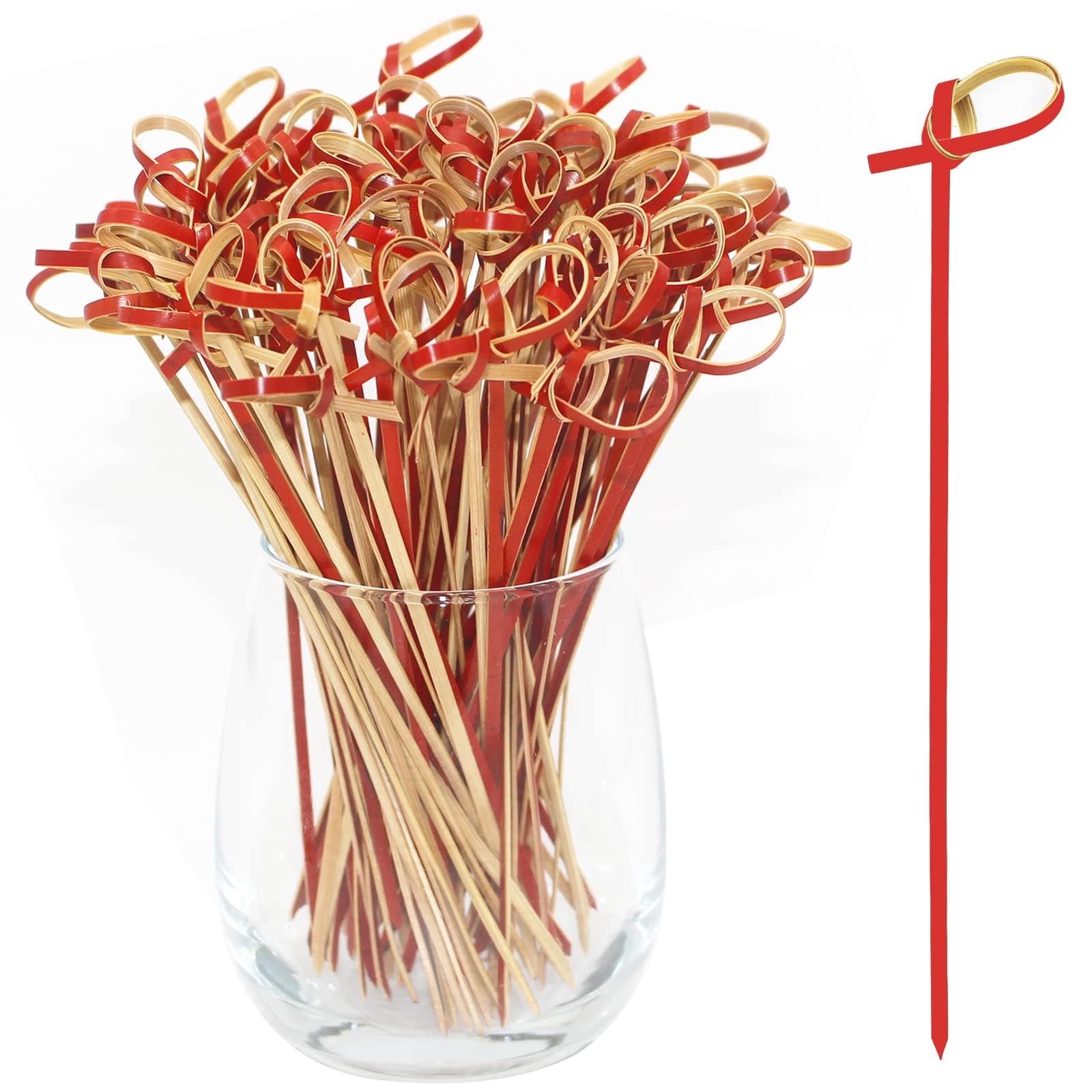 BLUE TOP Bamboo Cocktail Picks 100 PCS Red Bamboo Skewers 6 Inch with Looped Knot, Food Picks,Party Toothpicks for Appetizers,Cocktail Drinks,Barbecue Snacks,Club Sandwiches.