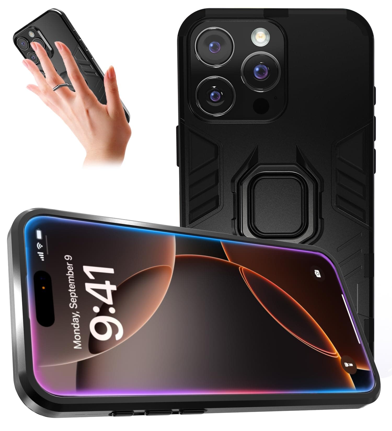 TzoMartico Walk&Running Case for iPhone 16 Pro, Drop-Proof Soft Edge, 360+120°Rotating Device, Embedded Kickstand, Fall Prevention-Grip, Military-Grade Drop Protection, 2-in-1-Shock Series, Black