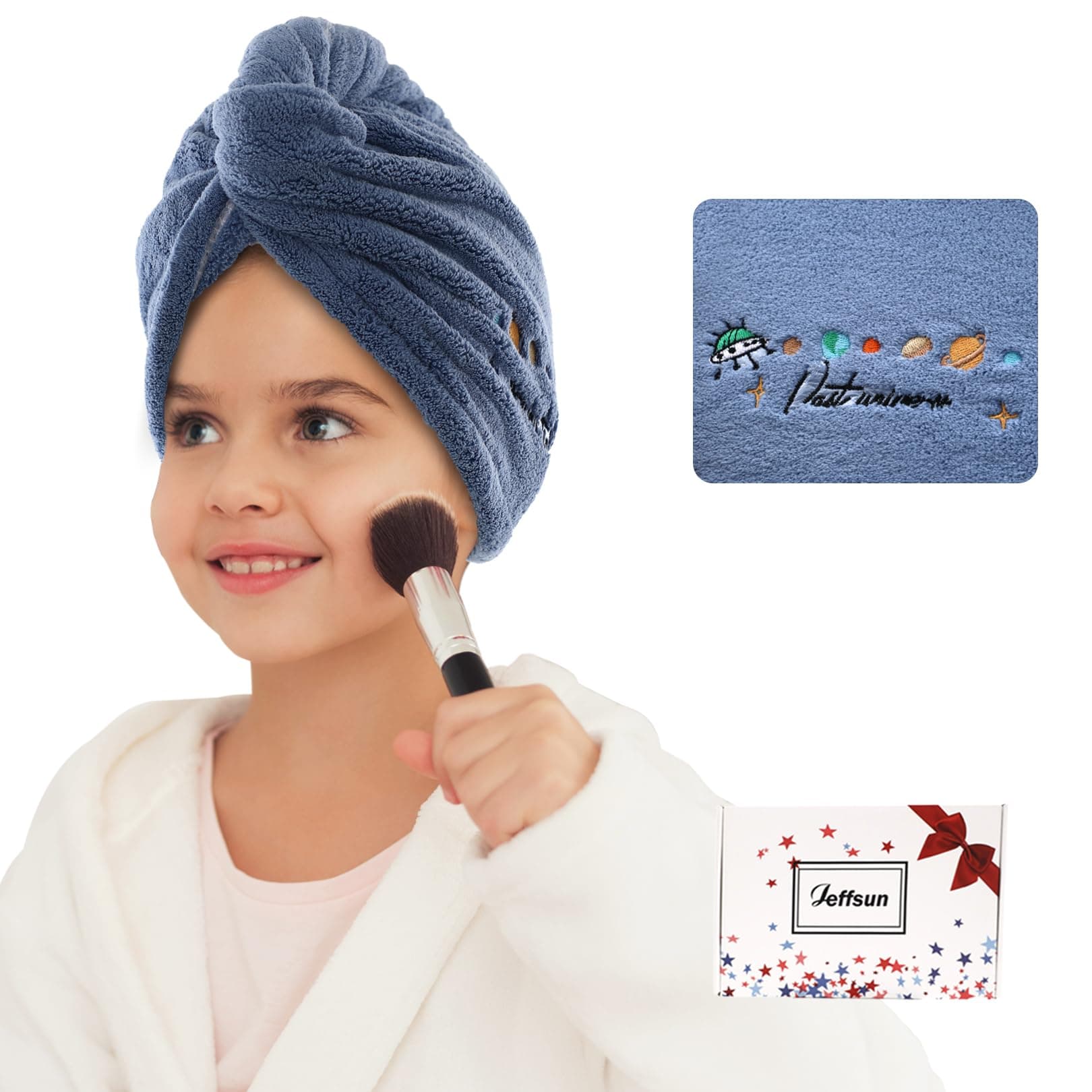 JEFFSUN Microfiber Hair Drying Towel for Women,Super Absorbent Hair Towel Wrap for Quick Drying Curly Long Thick Frizzy Wet Hair, Easy to Use Care Hair Turban (Blue-Universe)
