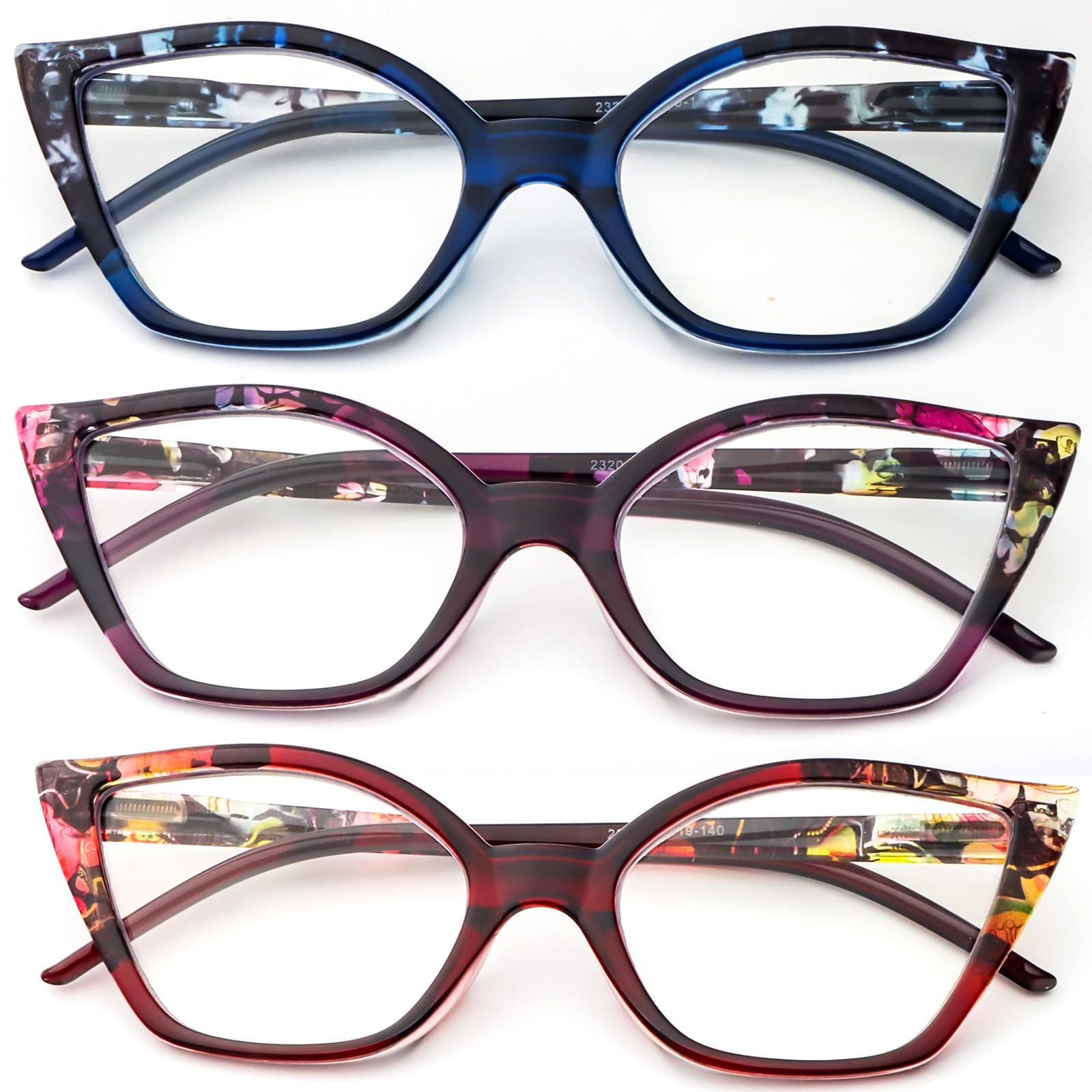 DXYXYO Floral Cat Eye Reading Glasses for Women 3 Pack Anti Blue Light Computer Readers Stylish Retro with Spring Hinge, 3.0+ Blue+Red+Purple
