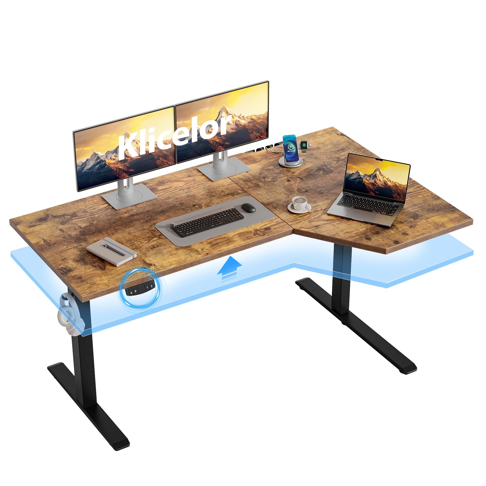 Klicelor L Shaped Standing Desk 55 x 31.5 Inch, Electric Height Adjustable Corner Desk for Home Office Workstation, Ergonomic Sit Stand Computer Table with Memory Controller, Rustic Brown