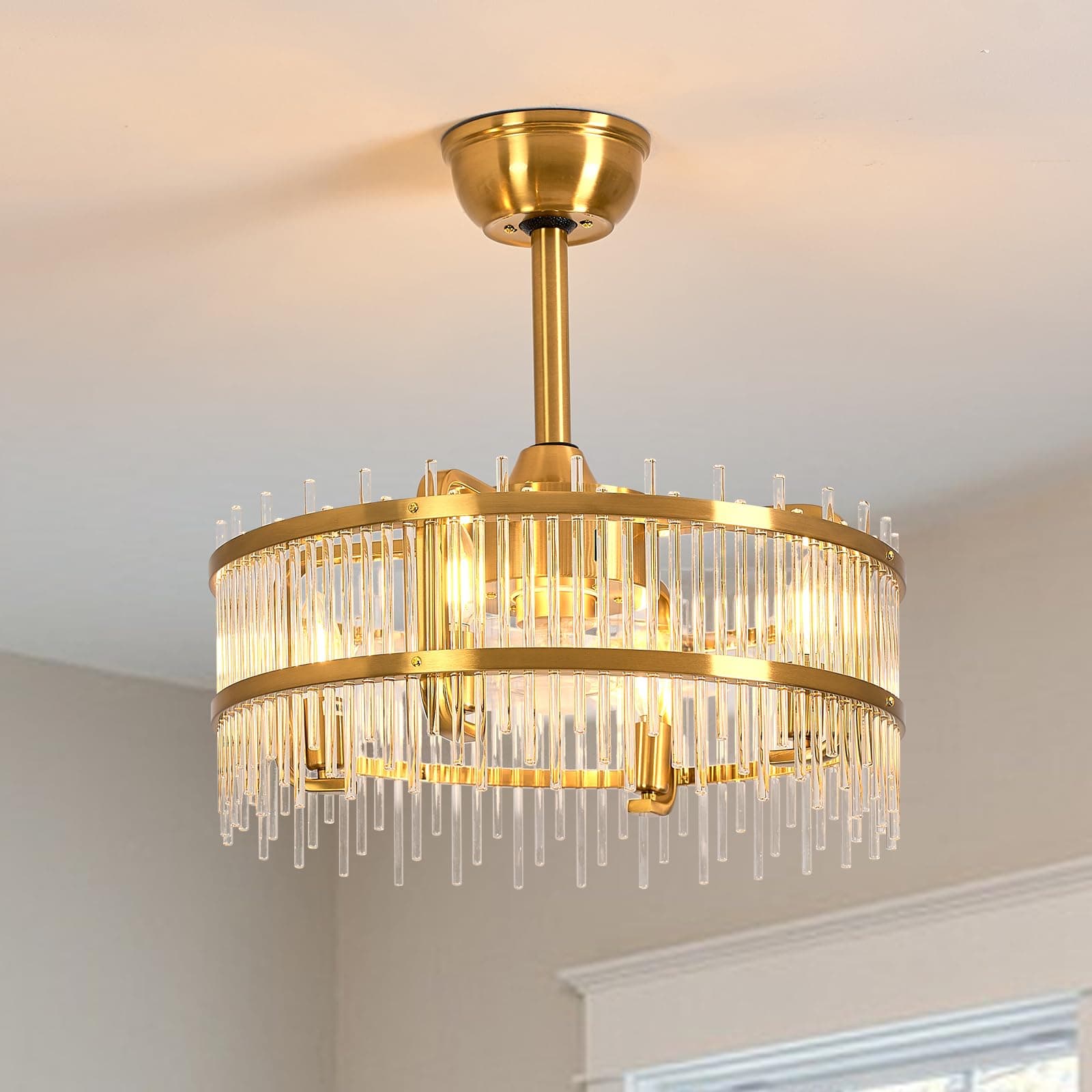 HSMKL Gold Fandelier Caged Ceiling Fans with Lights, 20" Modern Crystal Chandelier Ceiling Fan with Light Remote Control Reversible Motor 6 Speeds for Bedroom, Living Room