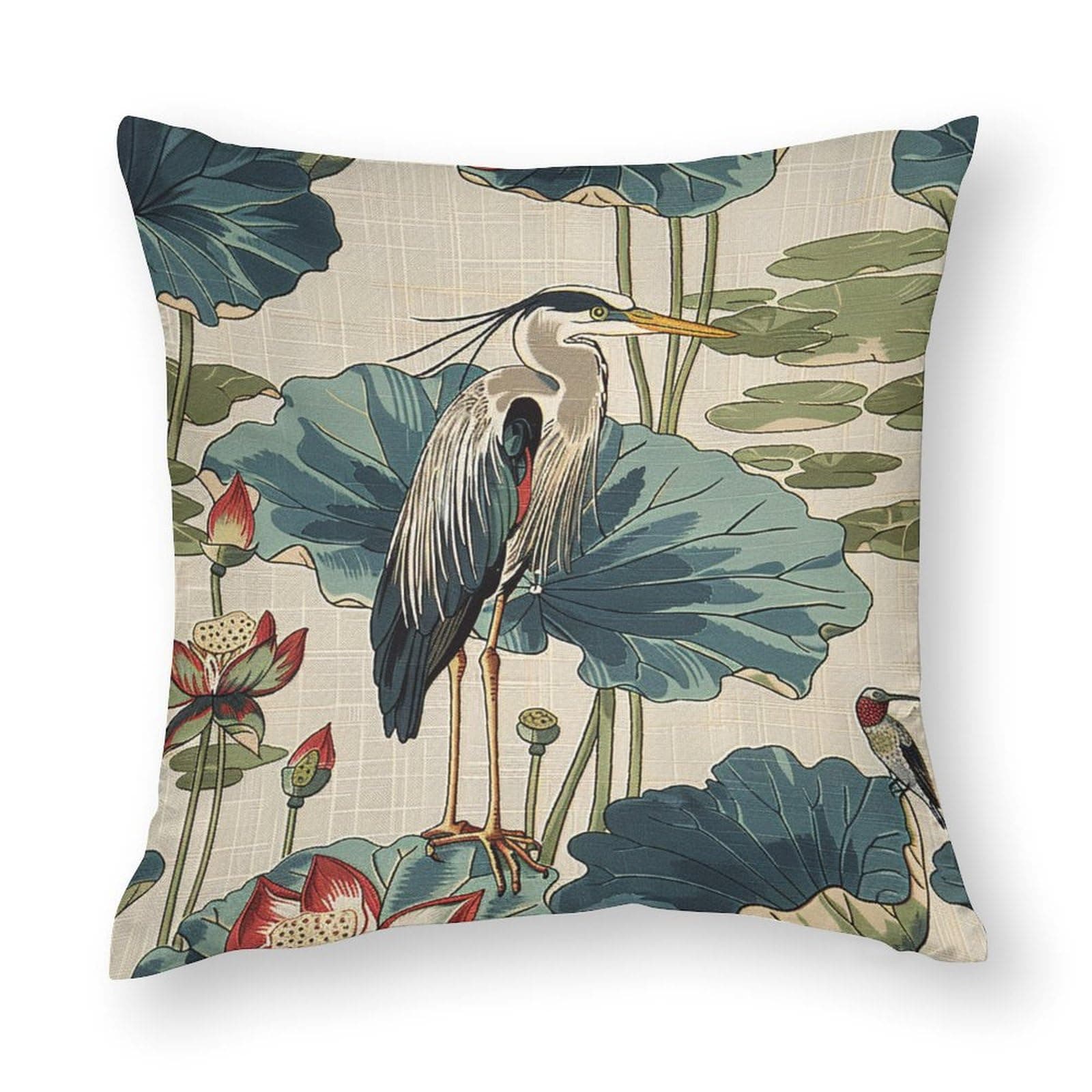 Plujam Throw Pillow Covers Birds and Lotus Flowers Throw Pillow Cases 24" x 24" for Home Asian Inspired Eurosham Throw Pillow Case for Car Bed Farmhouse, Accent Pillow Cover