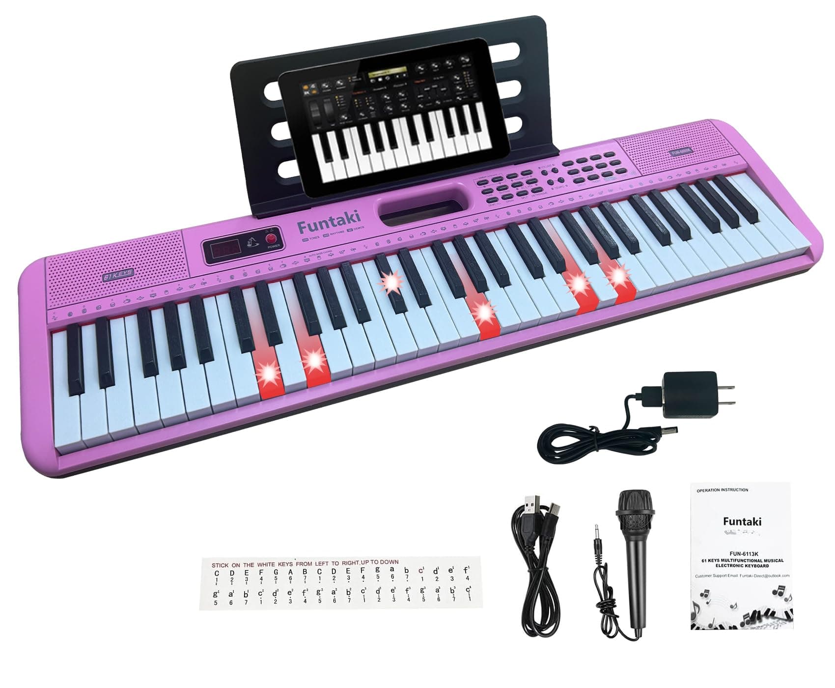 Funtaki Portable 61-Key Piano Keyboard with Lighted Keys - 61 Compact Keys Electric Piano for Beginners Adults Pink