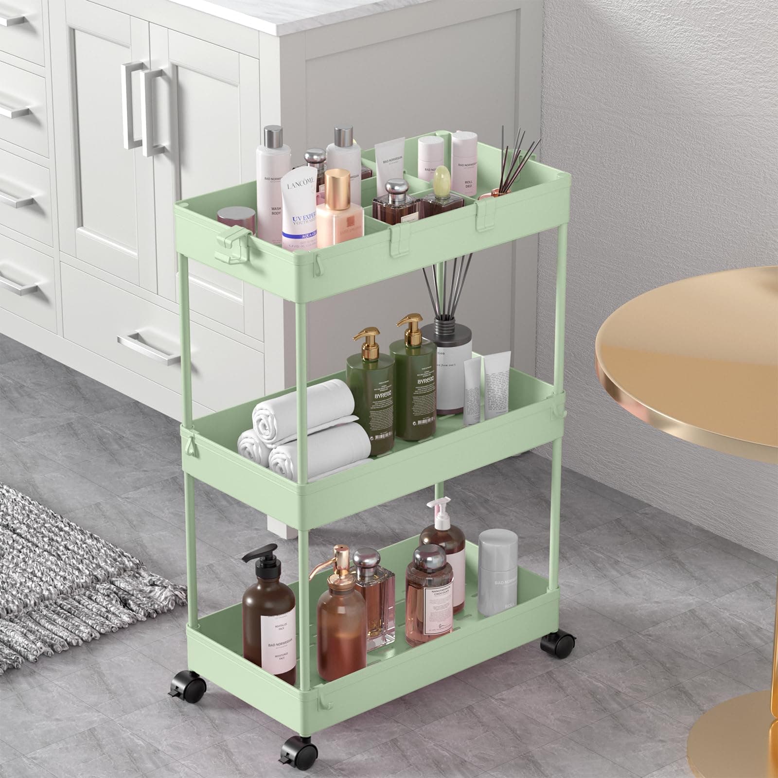 SPACELEAD Slim Storage Cart,3 Tier Bathroom Rolling Utility Cart Storage Organizer Slide Out Cart, Mobile Shelving Unit Organizer Trolley for Office Bathroom Kitchen Laundry Room Narrow Places, Green