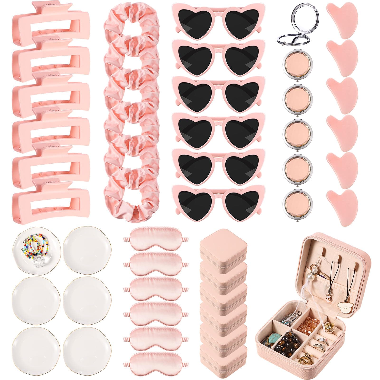 Wavwavw 48 Pcs Bridesmaid Proposal Gifts Scrunchies Square Hair Claws Sunglasses Jewelry Storage Boxes Eye Masks Mini Makeup Mirrors Ceramic Jewelry Trays Gua Sha Facial Tool Bridal Gift for Wedding