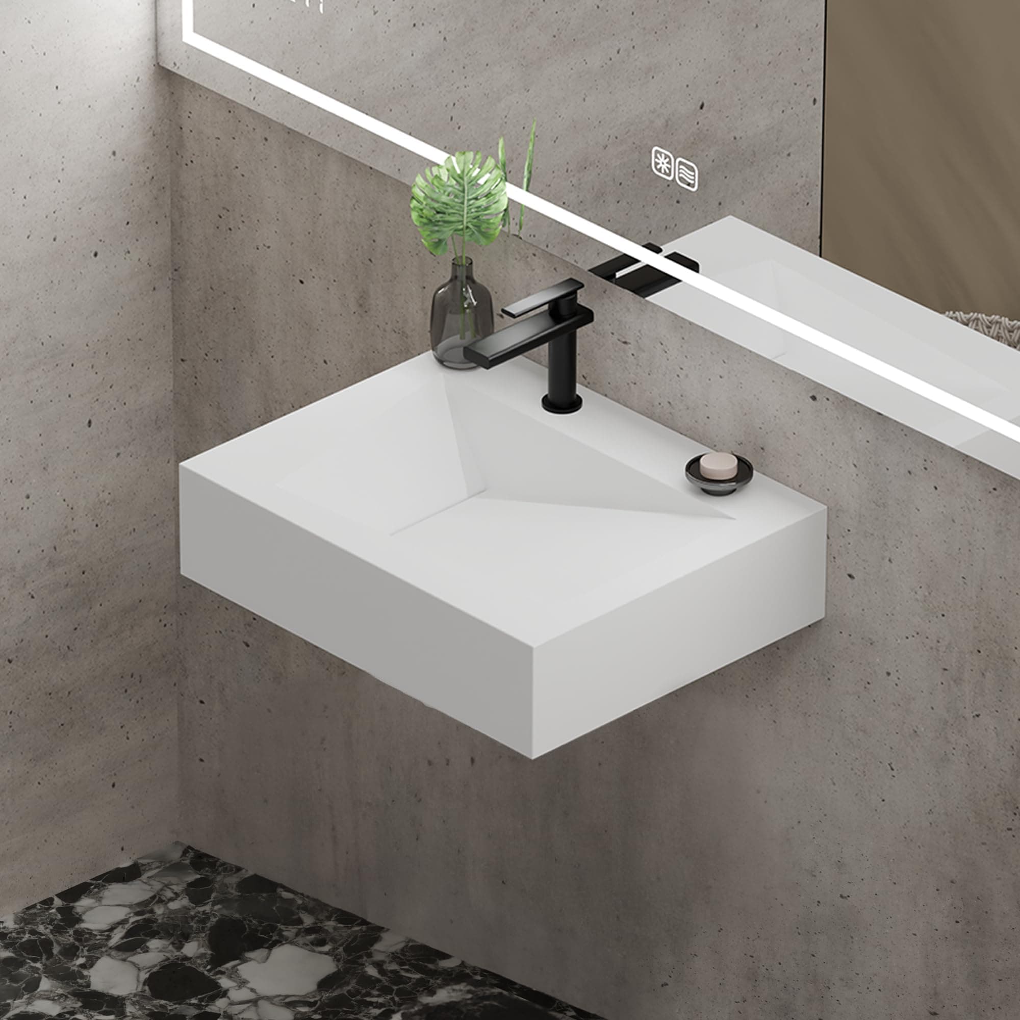 QJ&XY Resin Bathroom Sink 24" Wall Mounted V-Shaped White Basin Floating Vanity Vessel Sink in Soft-Touch Finish (Single Tier)