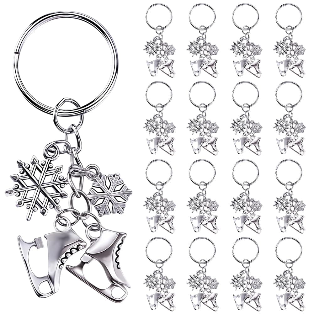 SUNNYCLUE 1 Box 20Pcs Ice Skate Keychain Bulk Sports Key Chain Bulk Antique Silver Alloy Winter Snowflake Keychains for Party Favor Wedding Favors Handbag Christmas Decorations Gifts Women Adults