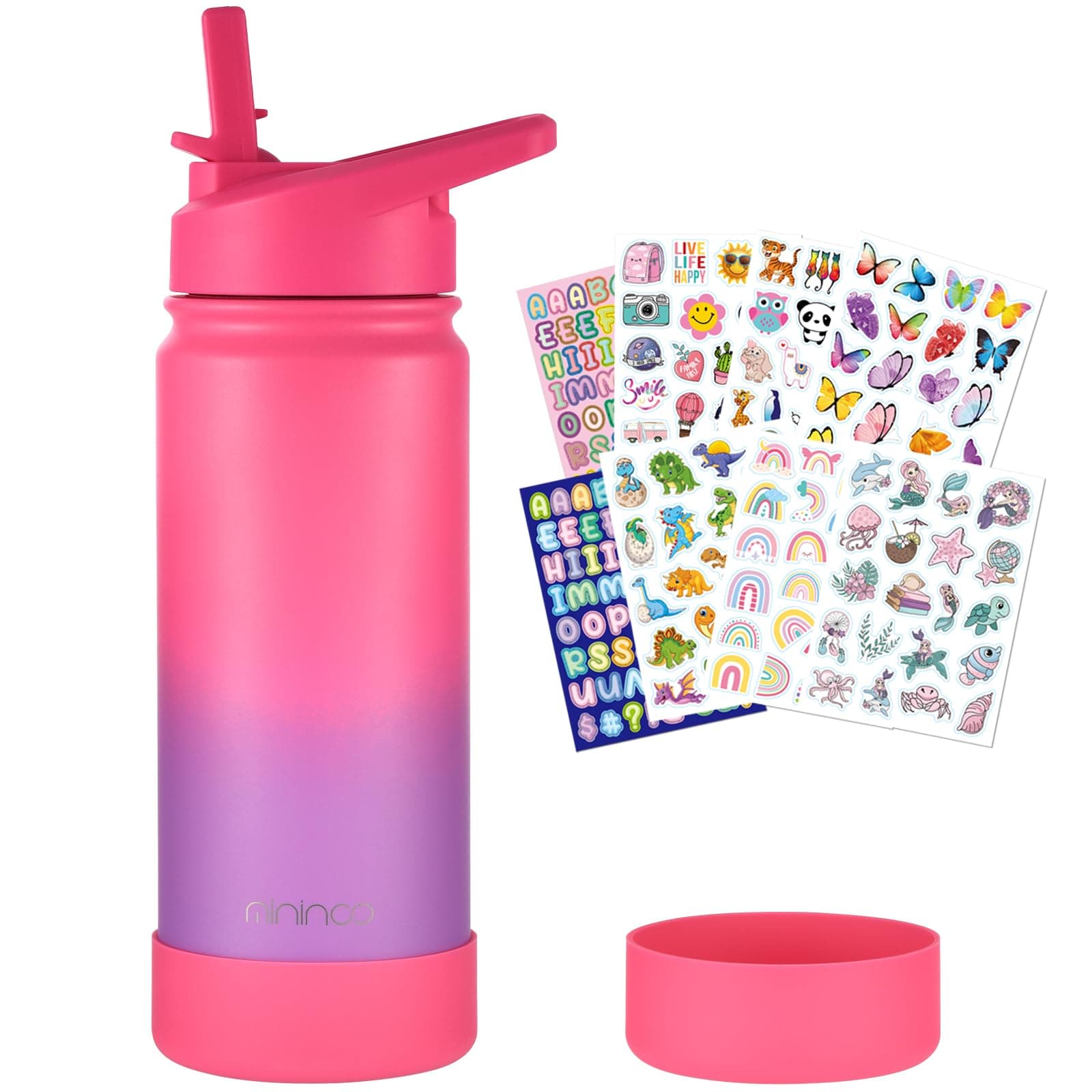 mininoo Kids Water Bottle, 16oz Stainless Steel Insulated Water Bottle Kids with Straw Lid Leak Proof (Punch/Purple)