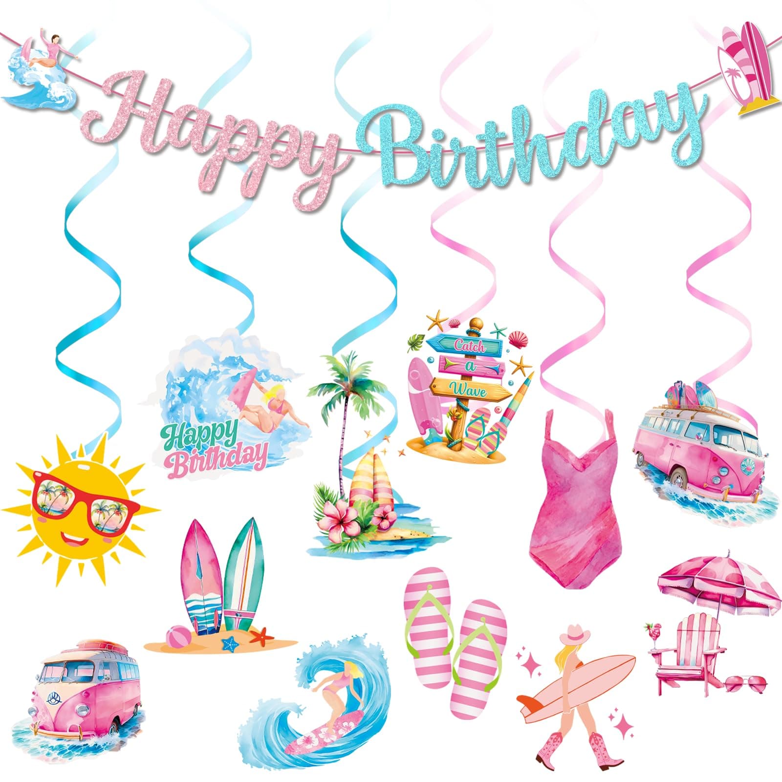 Vintage Surfing Beach Birthday Party Decorations with Glitter Happy Birthday Banner Summer Surfboard Theme Hanging Swirls Stickers for Hawaiian Beach Birthday Decorations