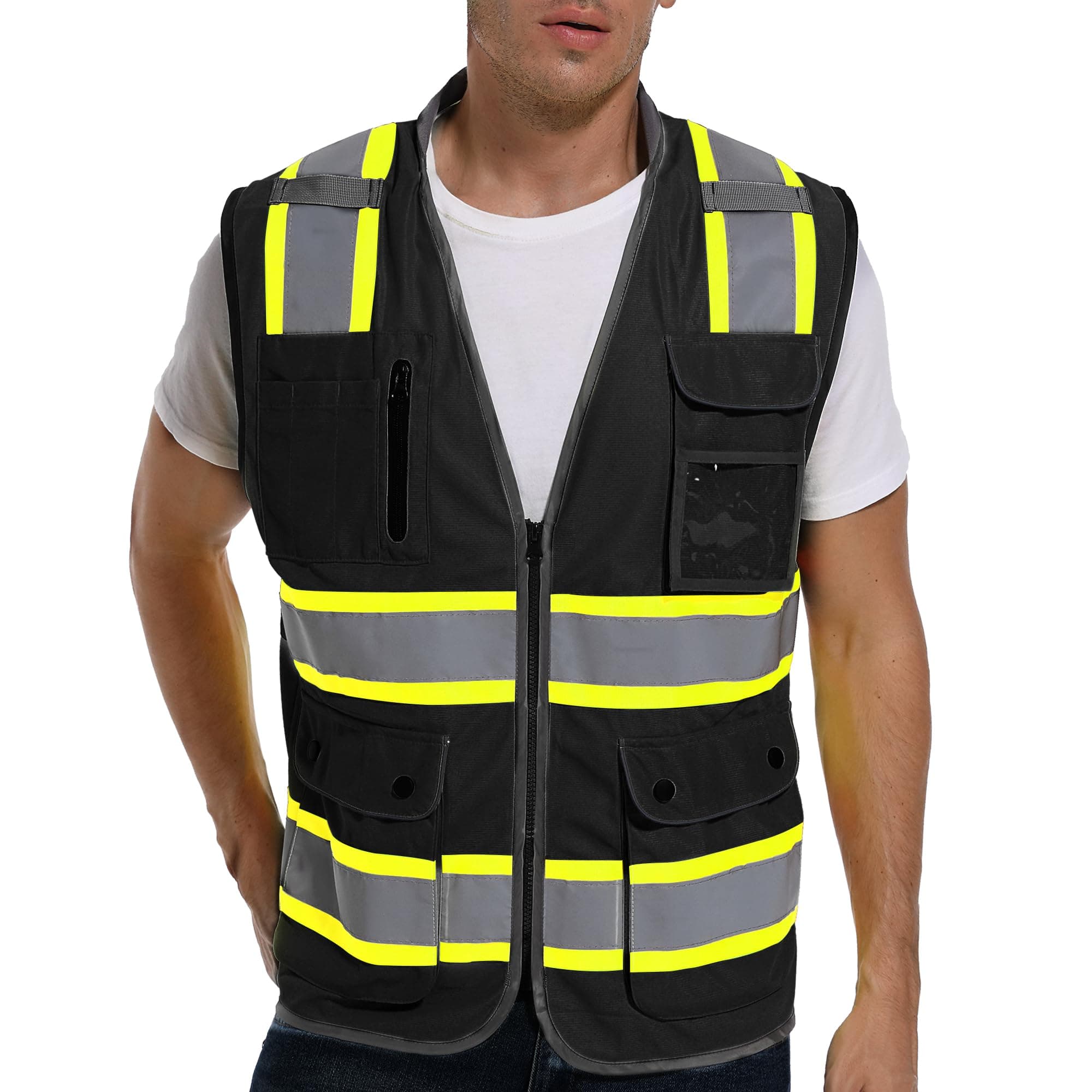 ArcRidge Reflective Safety Vest for Men and Women - Dual Tone Strips Class 2 High Visibility Construction Vest (Black, X-Large)