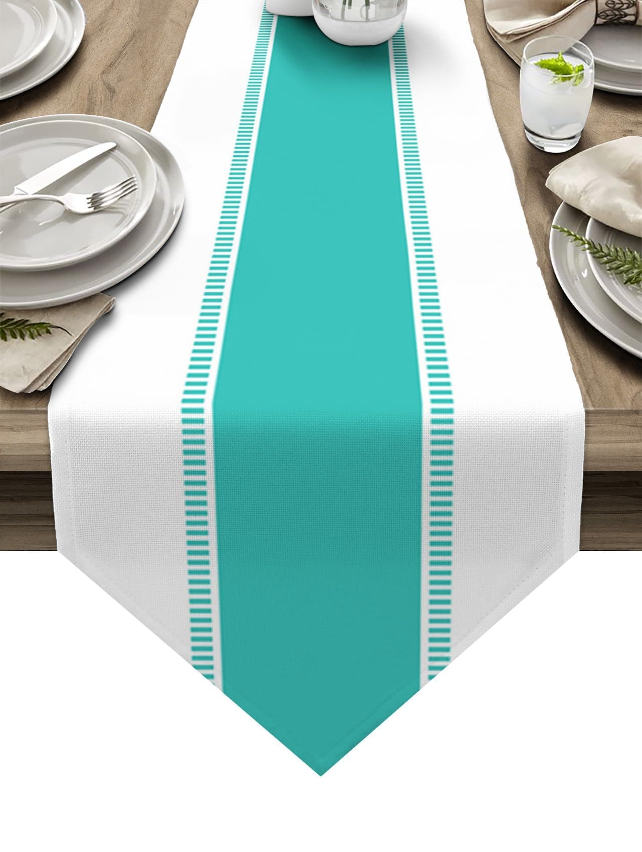 Teal Green and White Stripe Table Runner 48 inches Long, Minimalist Simple Pattern Coffee Table Dining Table Scarf Table Runners Collection Kitchen Tabletop for Home Party Decoration, 13x48 Inch