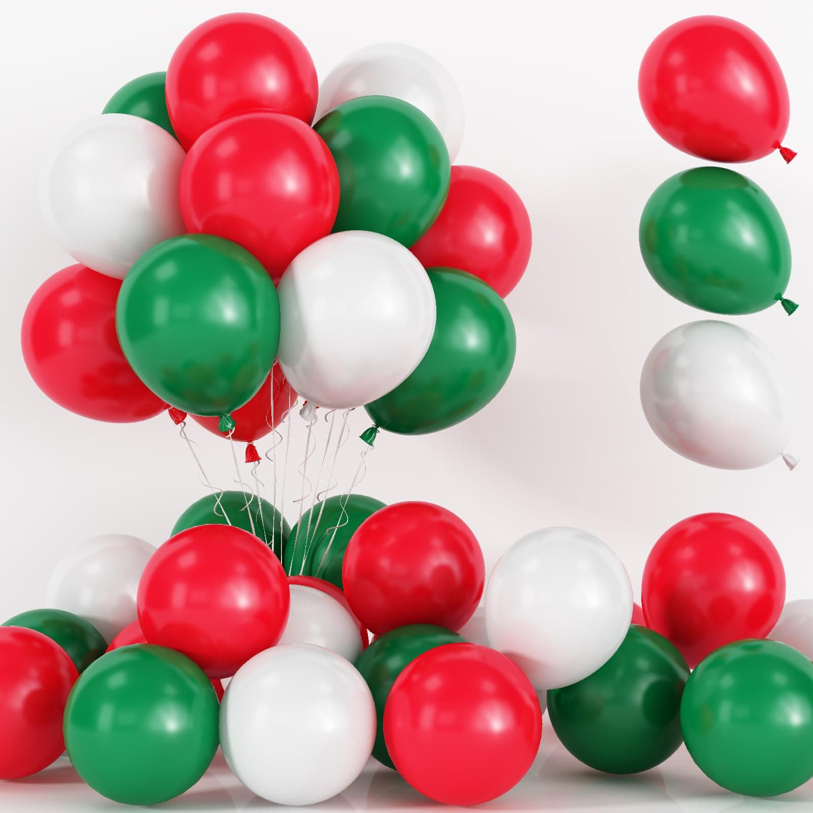 75Pcs Red Green and White Balloons, 12 Inch Christmas Party Balloons with Ribbon, Matte Red Dark Green White Latex Helium Balloons for Xmas New Year Birthday Baby Shower Party Decorations Supplies