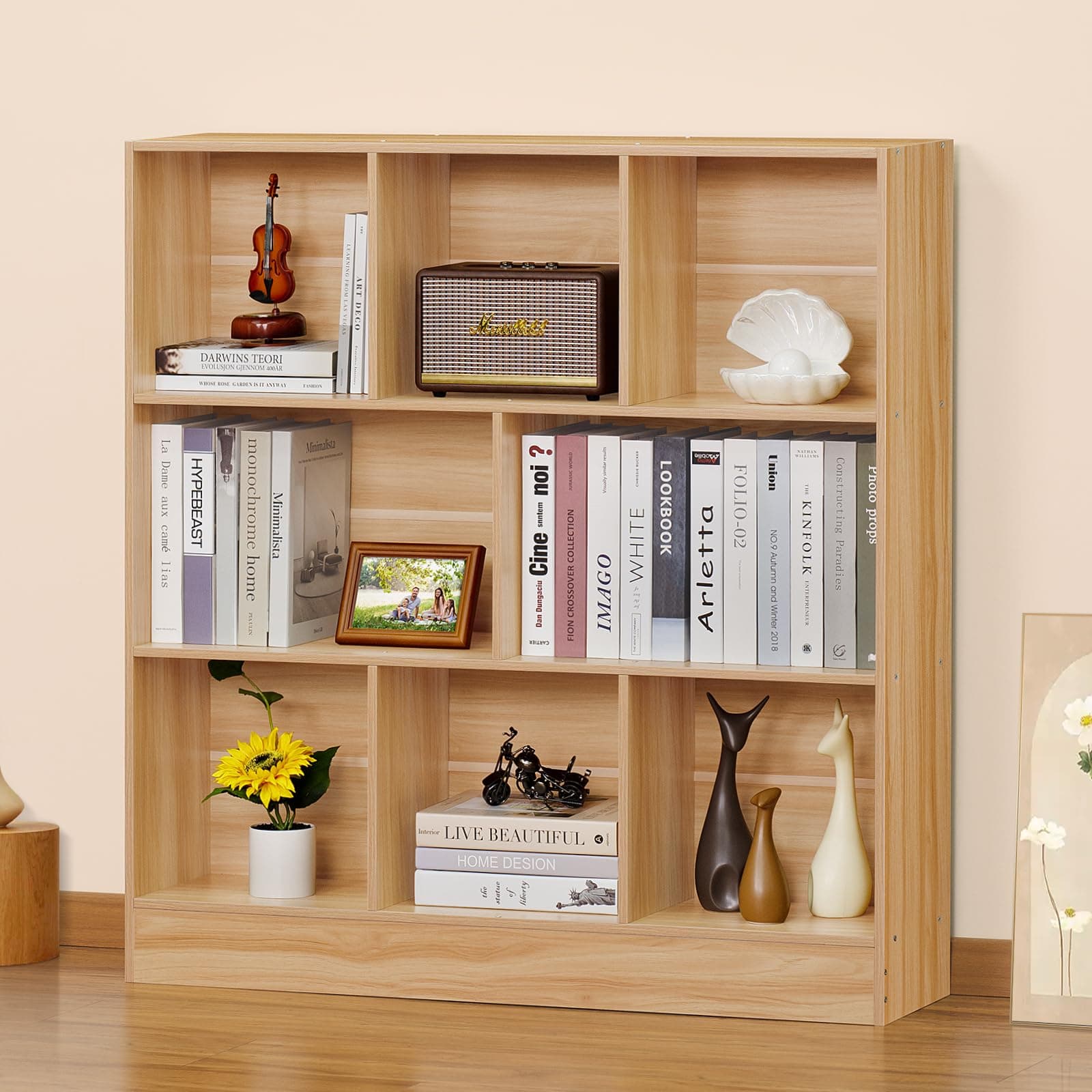 LEYAOYAO 8 Cube Bookshelf with Base,3 Tier Mid-Century Modern Bookcase,Standing Wide Bookshelves Storage Organizer Shelf,Rustic Wood Display Cabinet Book Shelves for Bedroom,Living Room,Office,Natural