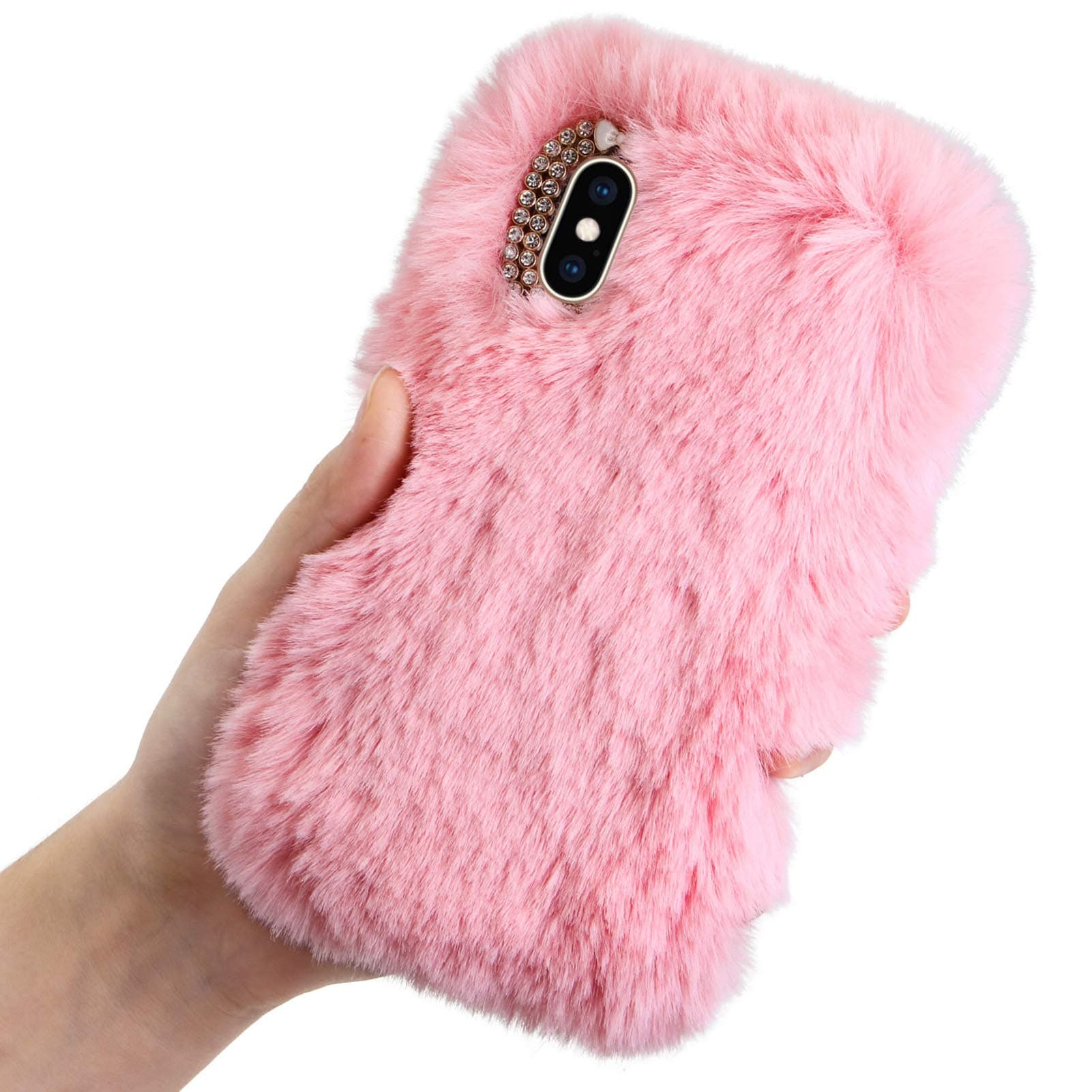 LCHDA Plush Case for iPhone 13 Mini 5.4 Inch, Cute Soft Bunny Furry Fluffy Fuzzy Winter Warm Faux Rabbit Fur Hair Flexible TPU Bumper Protective Cover with Bling Diamond Bowknot - Pink