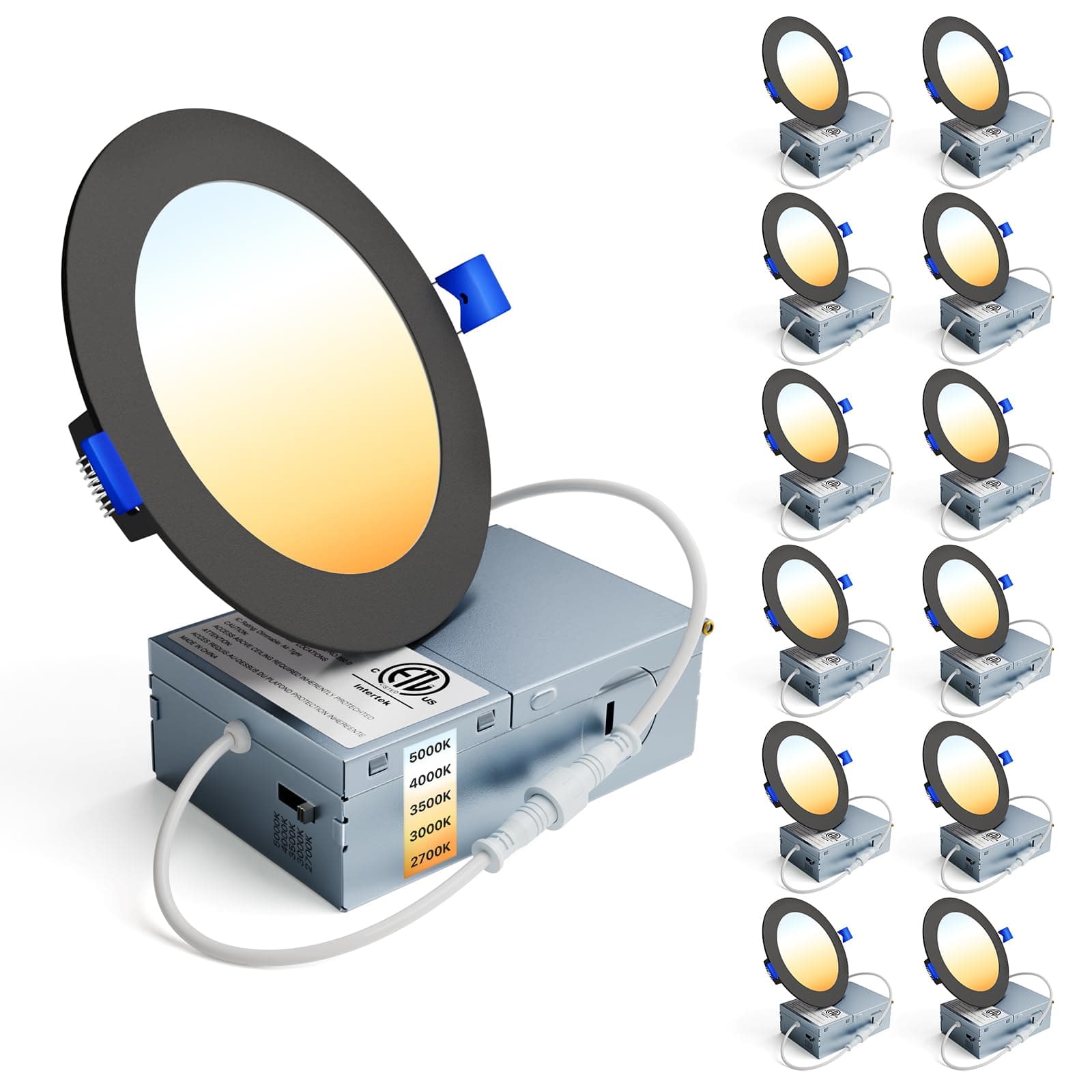 Ensenior 12 Pack 4 Inch LED Recessed Ceiling Light Black, Dimmable, 2700K-5000K 5CCT, 750LM 9W 120V, High Brightness Canless Wafer Downlight - ETL&FCC&IC