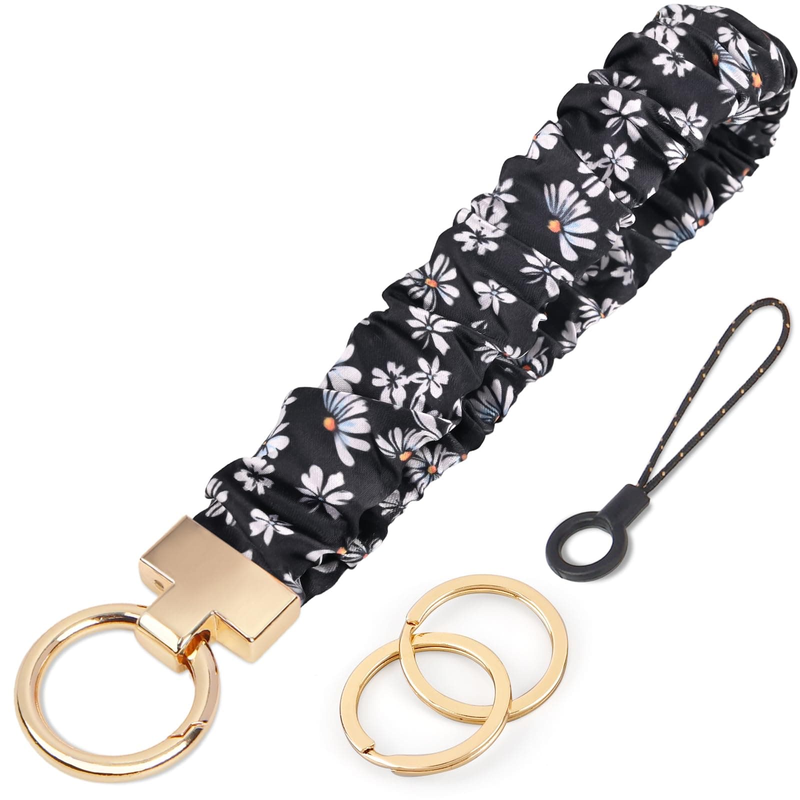 Knagsfa Stretchy Wristlet, Cute Lanyard Keychain for Women, Retractable Scrunchie Lanyard for Keys, Wallet, ID Badges, Cell Phone, Black Daisies
