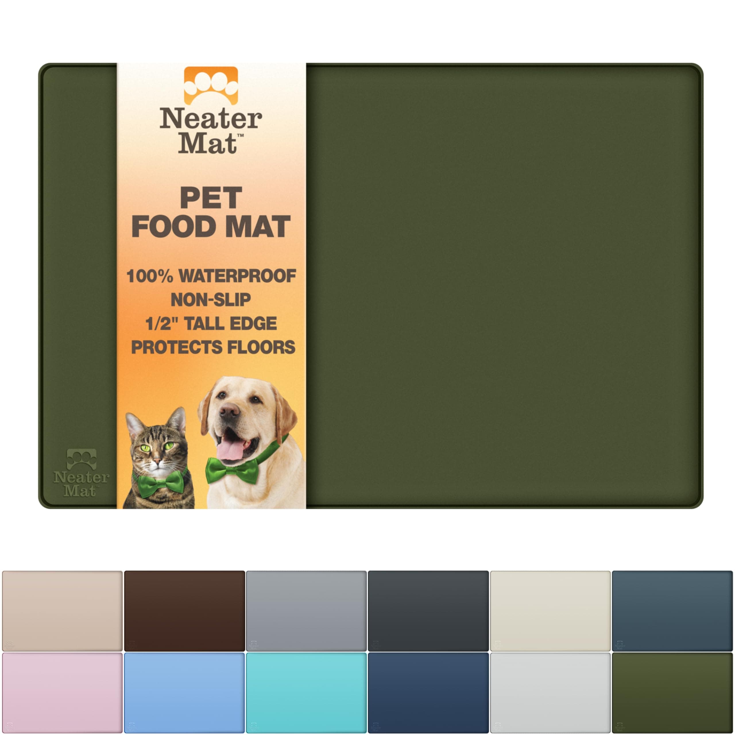 Neater Pet Brands Neater Mat Pet Mats for Food and Water, Cat & Dog Bowl Mat Waterproof Silicone, Feeding Tray, Dog Food Mats for Floors, Placemat w/Raised Edge for Under Bowls, 24" x 16", Olive