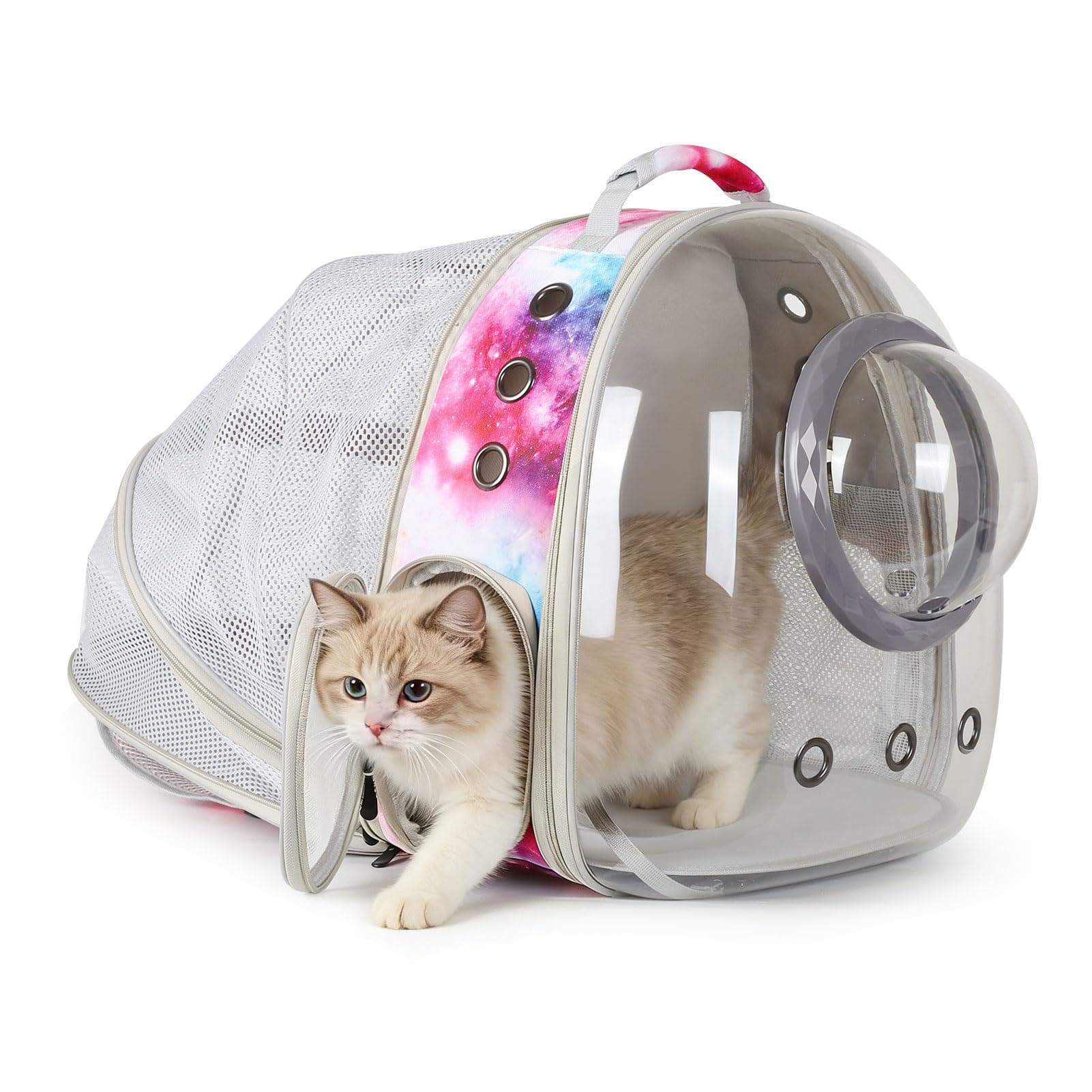 Pimoka Cat Carrier Backpack with Back Expandable Cat Carrier Galaxy Pink -Space Capsule Cat Bubble Backpack for Kitten Bunny Small Puppy Vet and Outdoor Adventure (Galaxy Pink, Bubble Window)