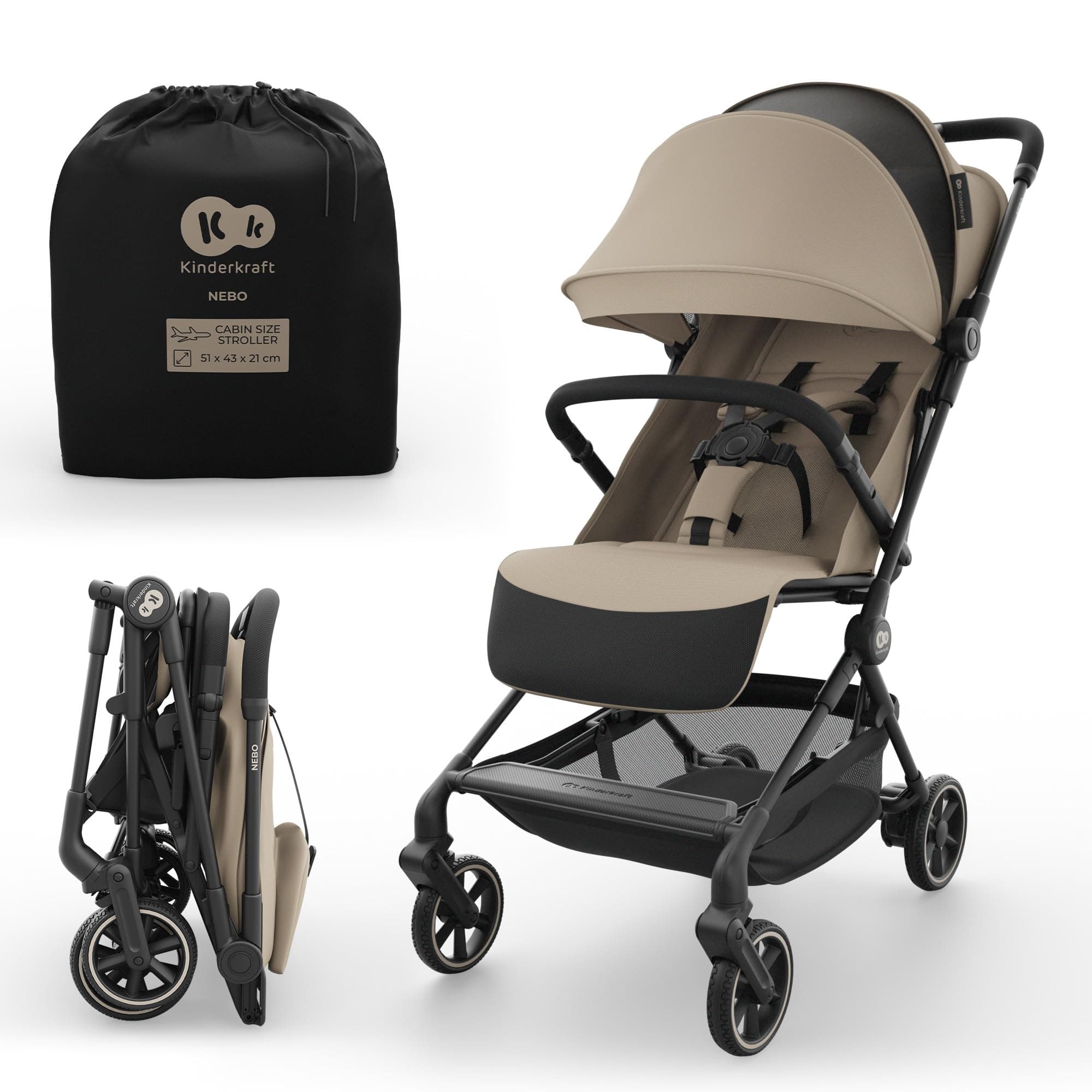 Kinderkraft NEBO Cabin Stroller Ultralight, one-Hand fold, self-Standing When Folded, Cabin-Size 51×43×21 cm, Shoulder Strap + Travel Bag, Lie-Flat Recline, 5-Point Safety Harness, Beige