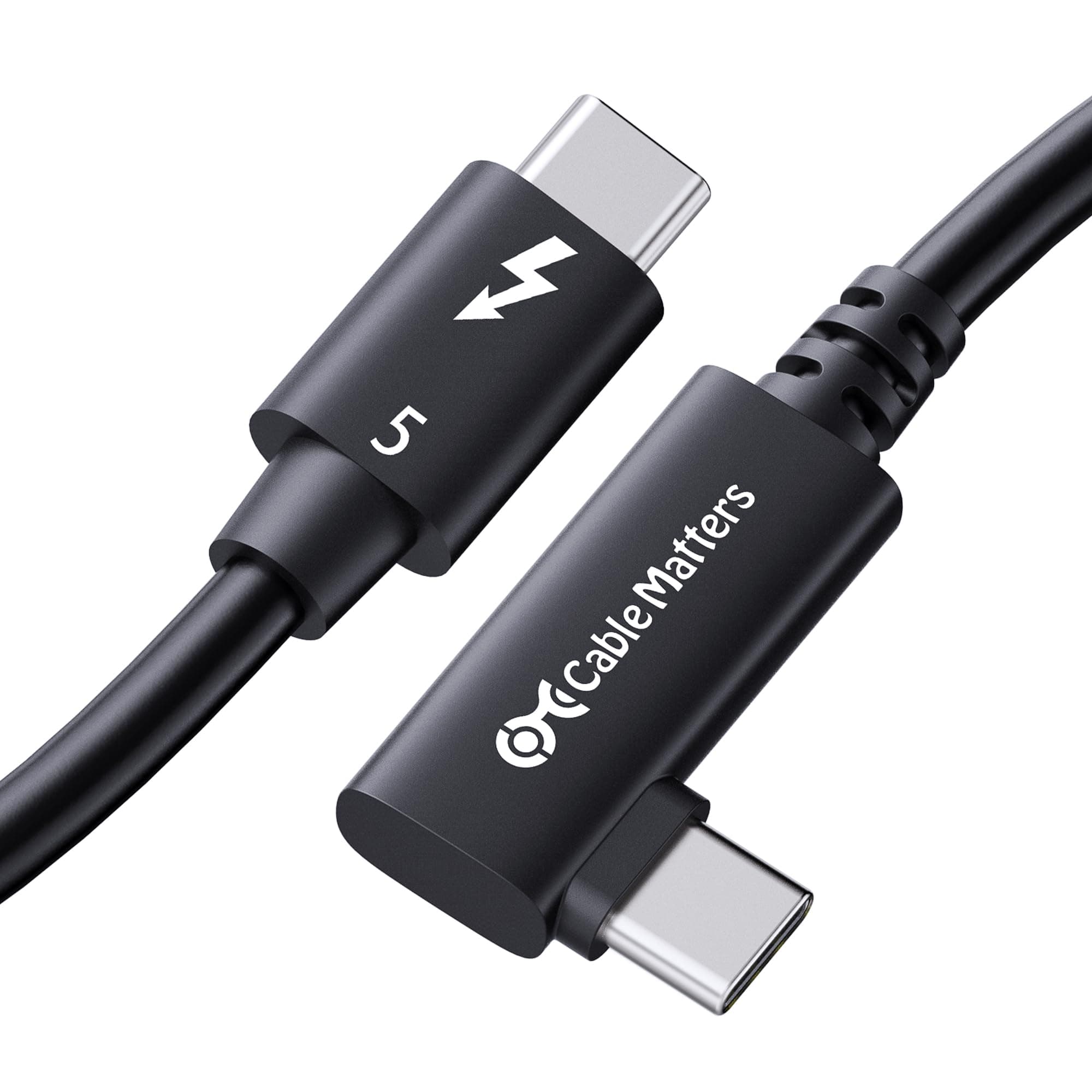 Cable Matters [Intel Certified] 80Gbps Right Angle Thunderbolt 5 Cable with up to 120Gbps Bandwidth Boost and 240W Charging - 0.8m / 2.6ft, Compatible with Thunderbolt 4, USB4, and USB C, Black