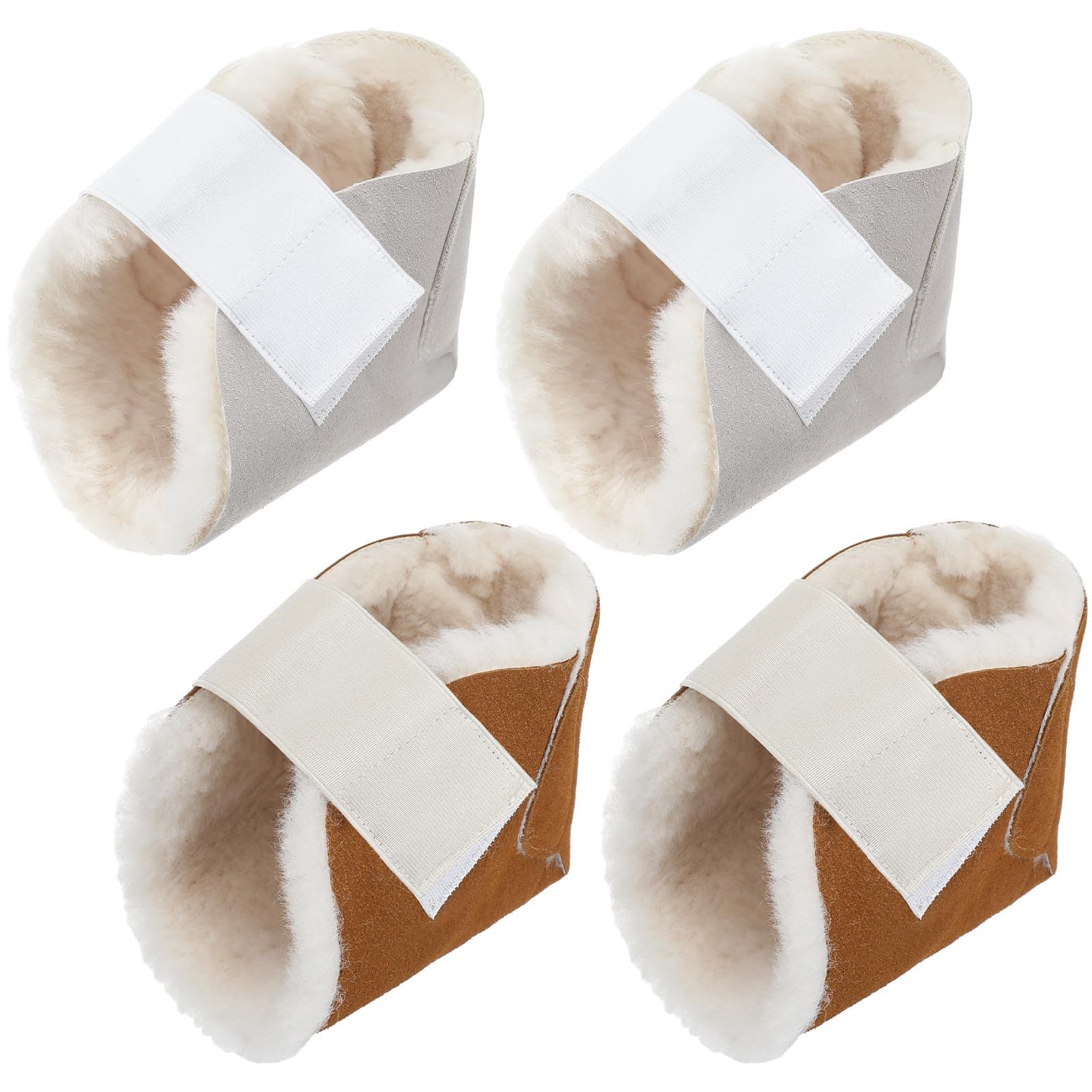 Jeere 4 Pcs Heel Protectors for Pressure Sores Sheepskin Heel Pads Soft Foot Cushions Pads with Securing Strap for Protect Feet Ankle Pressure Bed Sore Ankle Ulcers(Beige, Brown)